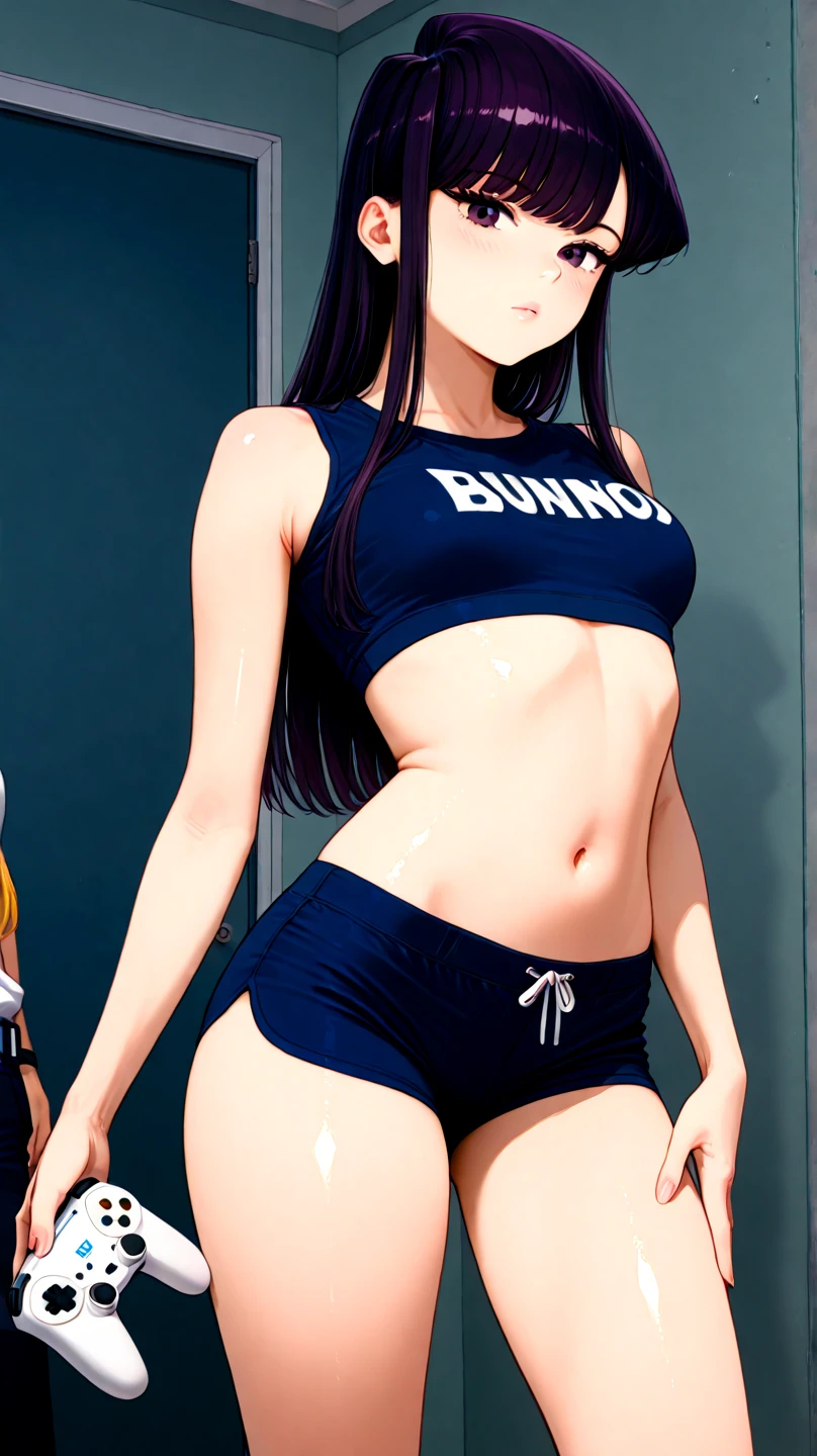 nagatoro hayase, hair ornament, brown eyes, hairclip, (dark skin, dark skinned female), black hair, (gyaru bimbo), thin toned body, long legs, thick thighs, narrow waist, wide hips, beautiful detailed face, detailed body, detailed eyes, (holographic long skirt, neon bathsuit)