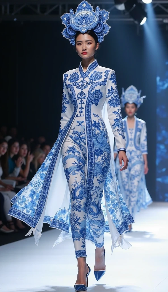 (Ultra-detailed, photorealistic, best quality, 4k, 8k, highres, masterpiece:1.3), (Vogue magazine cover), (Vogue Style Cover), 1 female, age 18, Chinese, pale skin, perfect body shape, elegant and luxurious appearance, wearing a Baroque Futurism Qipao - Chinese traditional clothes with Baroque-inspired patterns, ornate details, metallic fabrics, holographic accents, rich colors like gold, silver, and sapphire blue, full body showcase, no logos on background, a background with futuristic architecture, merging classic opulence with futuristic design.
