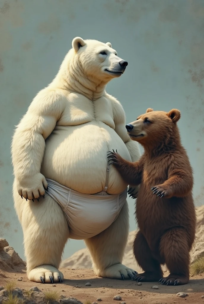 (character) tall black bear with average body, standing with (character) polar bear with big belly, staring at sunset together.