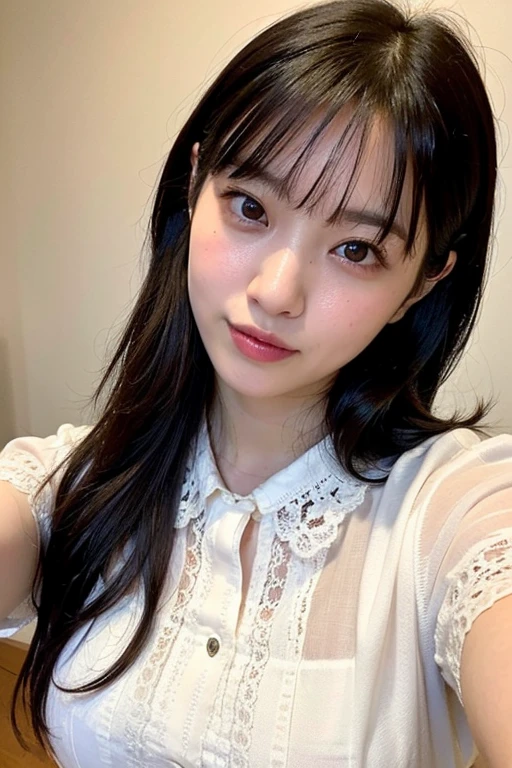 (Highest quality,masterpiece:1.3,Ultra-high resolution),(Very detailed,Caustics,16K),(Realistic:1.4,RAW shooting),Ultra-Realistic Capture,Human skin close-up,Natural skin texture,The pores are detailed enough to be easily identified,Healthy Skin and Even Tone,Use natural light and color,18-year-old,Japanese,cute,Long black hair,I'm looking at the camera with a smile on my face,Big Breasts,Waist up shot,(Face Focus:1.2),(Face close-up:1.2),(Low position:1.3),(Low Angle:1.3),(Night bets),Lens flare,On the bed、In pajamas、Wearing pajamas