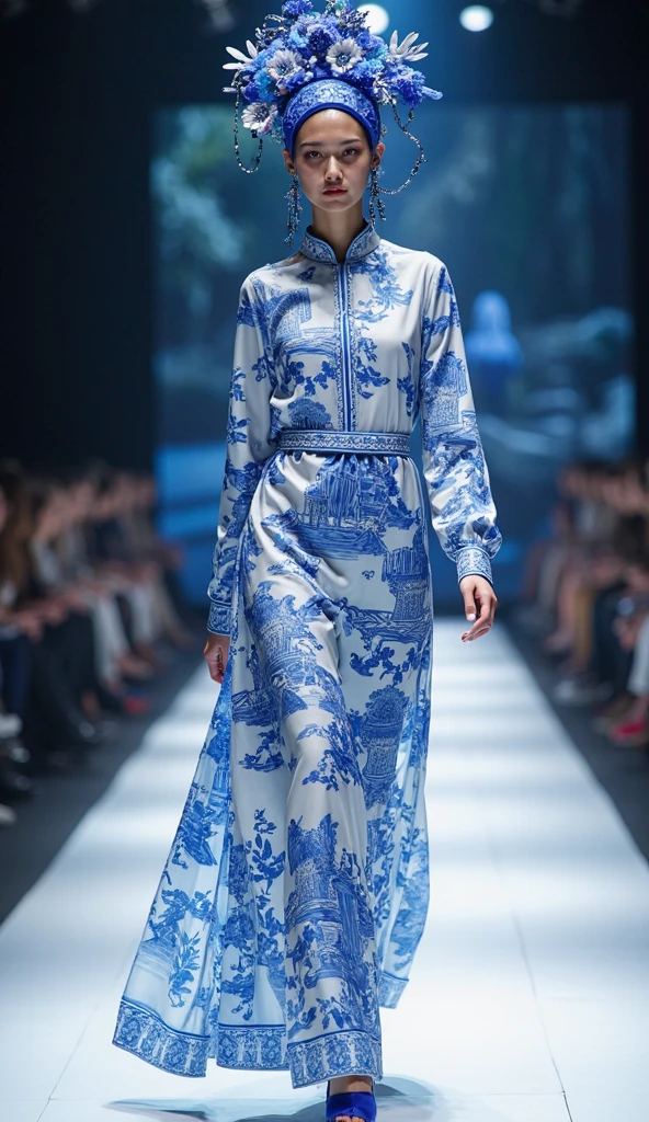 A girl walking down the runway at a fashion show, thigh, ( kimono:1.7), (High resolution:1.3), (16K, Realistic, RAW Photos, Best image quality: 1.4), (One Girl), Beautiful Face, (Lively Faces), Beautiful hairstyle, Realistic eyes, Beautiful and exquisite, (Realistic Skin), Beautiful skins, charm, 超High resolution, Surreal, High detail, Golden Ratio, Highly detailed cute girl,(20-year-old), 