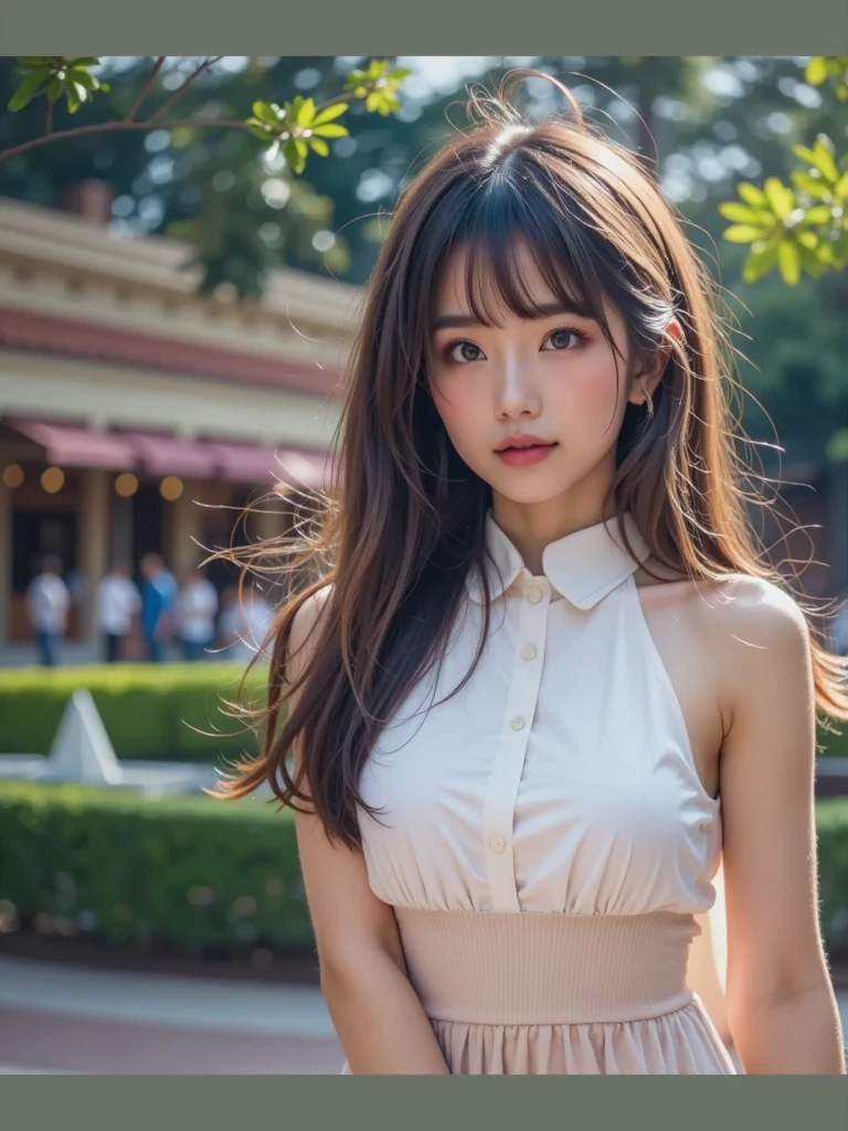 Woman in white collar shirt in the city、Hands behind the head、drooing eyes: 1.3,, (in 8K) , ​master piece, (No retouching, Lip gloss, False eyelashes, Real Skin, of the highest quality, 超A high resolution, depth of fields, chromatic abberation, Caustics, Wide Lighting, Natural Shading))Korean Idols、Live action、Sauce order、Asian woman smiling at Alafe,、Young Pretty Gravure Idol, Young skinny gravure idol, Realistic Young Gravure Idol, Young Sensual Gravure Idol, Japanese Models, Shot with Canon EOA 6 D Mark II, taken with canon eos 5 d mark iv, Young Gravure Idol,