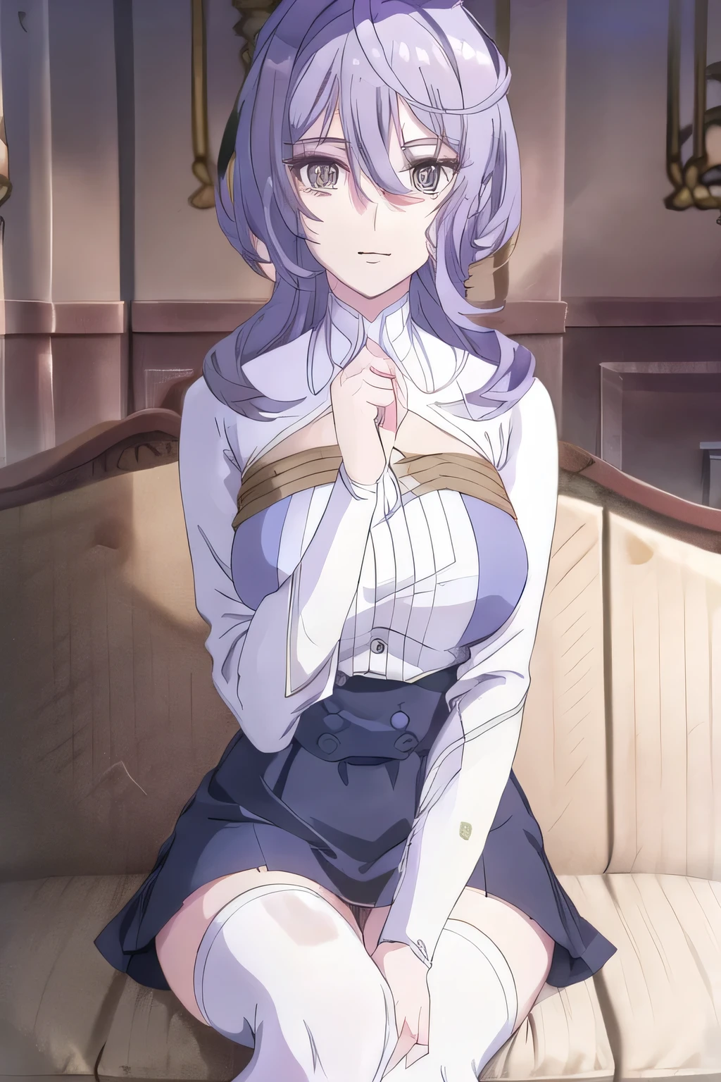 Sleeveless Sweaters, using cinematic lighting and ray tracing ,, they are relaxed , , (Please draw more delicately),(sleeveless white shirt,),(can you draw a dark blue pleated miniskirt)、face is absolutely necessary,Accurately,,2- using cinematic lighting and ray tracing woman wearing 2 high socks,,ツ,blue panties, lying on a sofa , Big black wavy hair, , big breasts, thin waist , , , adult sexy women ,, a sexy woman close to 20 years old, limbs,beautiful legs,Beautiful legs,micro miniskirt,Big Breasts,can you draw a woman with a nice smile,