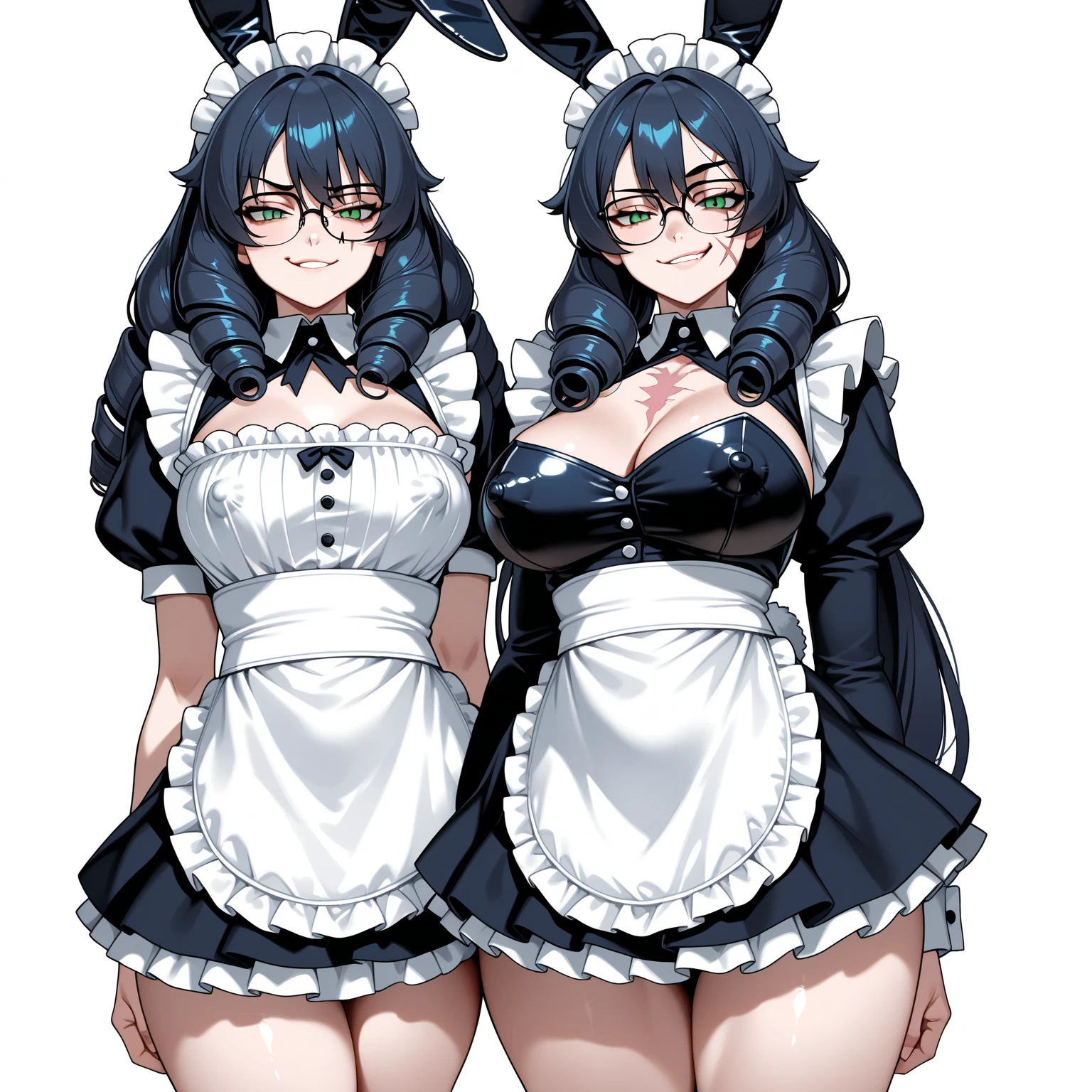 (2girls, girl1 and girl2, best friends,25-year-old, dark skin females }wedding , side by side, dynamic duo shot, perfect details) (extremely fine and beautiful), pov, (ultra-detailed,5k, 717 gigapixels)(masterpiece), (ultra-detailed), (perfect details), (extremely fine and beautiful), sense of depth, depth of field) ( dynamic angle, green scenery,
dramatic lighting, volumetric lighting, golden hour,)
(beautiful face, beautiful eyes, detailed face, detailed eyes detailed lip, shiny skin, oil skin, shiny hair, detailed accurate dark skin tone,),(wedding leotard, jewelry, black hair, elbow gloves, gloves, ponytail, solo, bouquet, long hair, tiara, cleavage, , white sheer leotard,flaud, chest jewel, swept bangs, flower, earrings, bangs, bride, white gloves, , bare shoulders, sweetheart chest, covered navel, smile, holding,, blush, , collarbone, , holding bouquet of bluebell)
Left Girl1,(((({chocolate-skinned female, green and orange wedding leotard, statuesque, sensuously cool, braided black hair, soft heart-shaped face, concaved Nubian wide nose, alluring, powerful.sensual, tone, and slender body, heart hips, supple large pear breast,an eye-catching heart-shaped rear. bridal hijab, glasses,hetrochromia brown and amber eyes))))
Right Girl2, ((((black hair, black eyes,Mahogony darkskin, bridal veil, wearing a pink and blue wedding leotard, statuesque, oblong-shaped face,vivacious eyes, flowing wavy dragonbraid, tone, hourglass physique,thick, alluring, large breasts, large butt, heart hips, long, toned legs. cute and alluring. Nerdy E-girl)):0.2