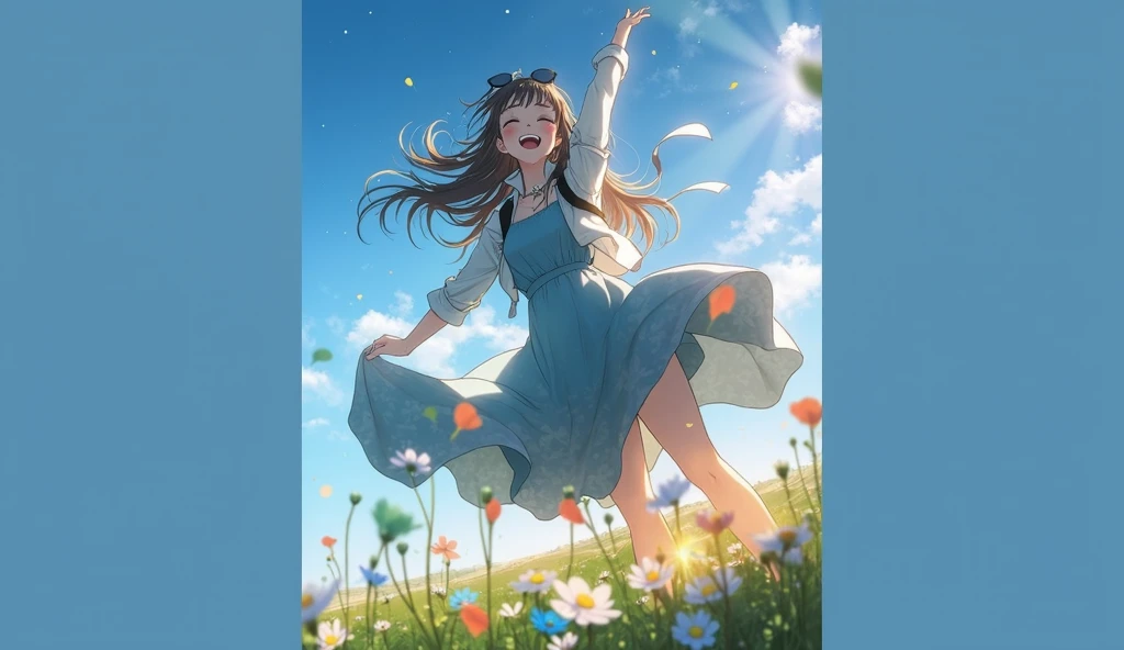A girl is waving her hands vigorously in the air.
She is wearing sandals and a white dress, her skirt swaying in the wind.
Colorful petals are dancing in the air.
There are many flowers around.
The sky is clear blue with summer clouds., masterpiece, best quality