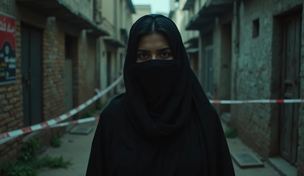 A young Muslim woman, wearing a thin black coat, ((face covered)), ((her head covered with a black scarf)) standing behind a barbed wire fence, ((her large beautiful eyes exposed)), in the background there are many Muslim women in traditional clothes standing in front of a mosque