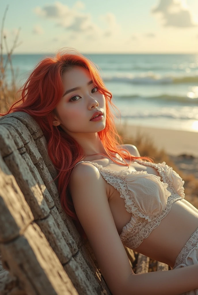 (highest quality、16K high resolution、Super detailed、masterpiece、Live shooting、realistic:1.4、hyper realism:1.4、sharp focus、very delicate and beautiful、small details)、(Sexy woman laying on beach:1.3)、(spread your legs:1.3)、(show your breasts:1.3), (showing white panties:1.3)、(super beautiful)、(beautiful face:1.5)、(Gal KPOP)、(detailed face)、(thin and beautiful eyes)、Perfect round eyes、lip details、(lipstick:1.1)、(eyeliner:1.2)、(mascara)、(eye shadow)、sex appeal、(light orange hair:1.4)、wavy hair、asymmetrical, full body shot、At NSFW