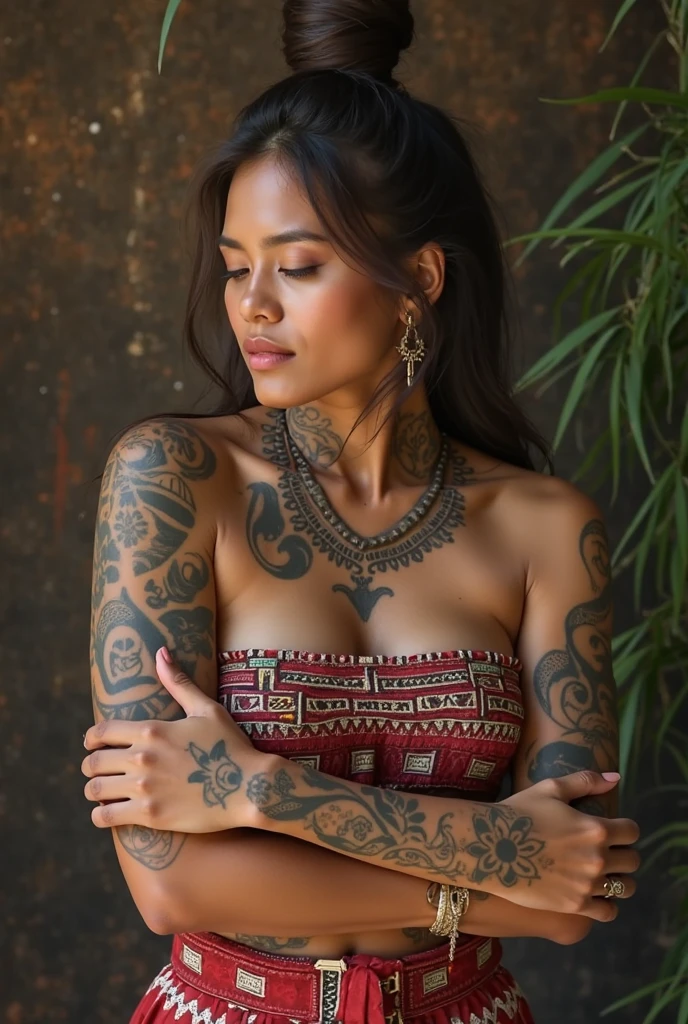 La Cubaine Sandra Malek, 35 ans en couleur TATOUAGE TRIBAL, vue entier, tout le corps, corps fit, athletic, en sablier