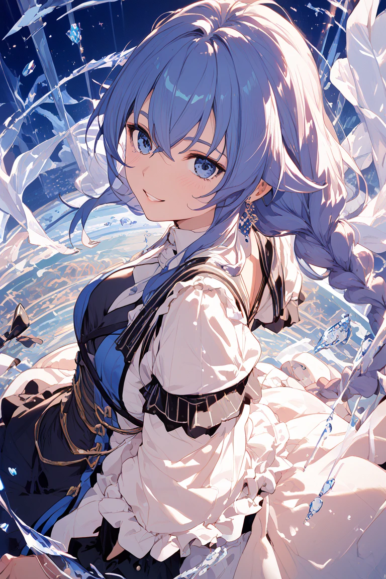 Woman is wearing a white dress, And her eyes are a bright shade of blue. The background depicts a vast sky with large clouds. Girl is smiling, Eta、The overall illustration has transparency and clarity. Located on a hill.(Hair color is based on white and light blue)