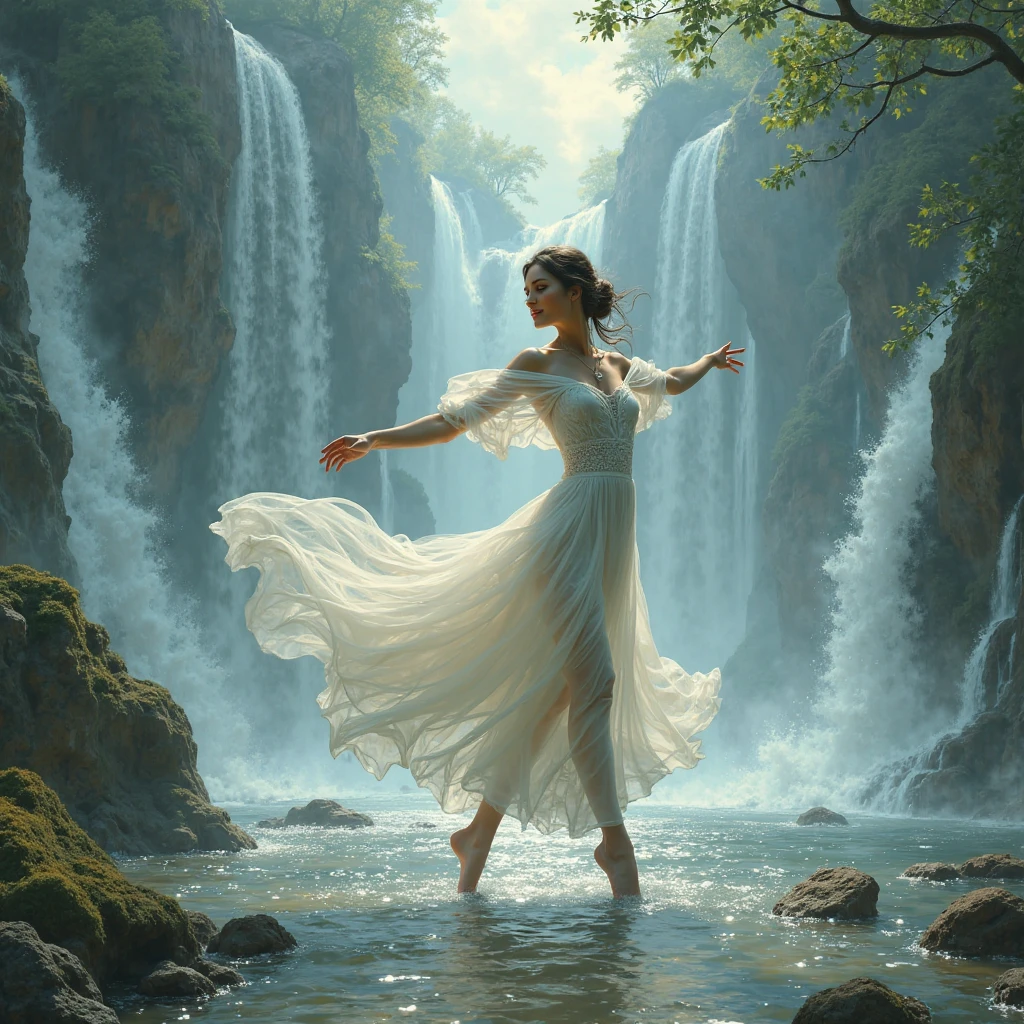A Photograph: Capturing the ethereal grace of Emma Watson, a nude silhouette dances amidst cascading water, bathed in soft, dreamlike hues.