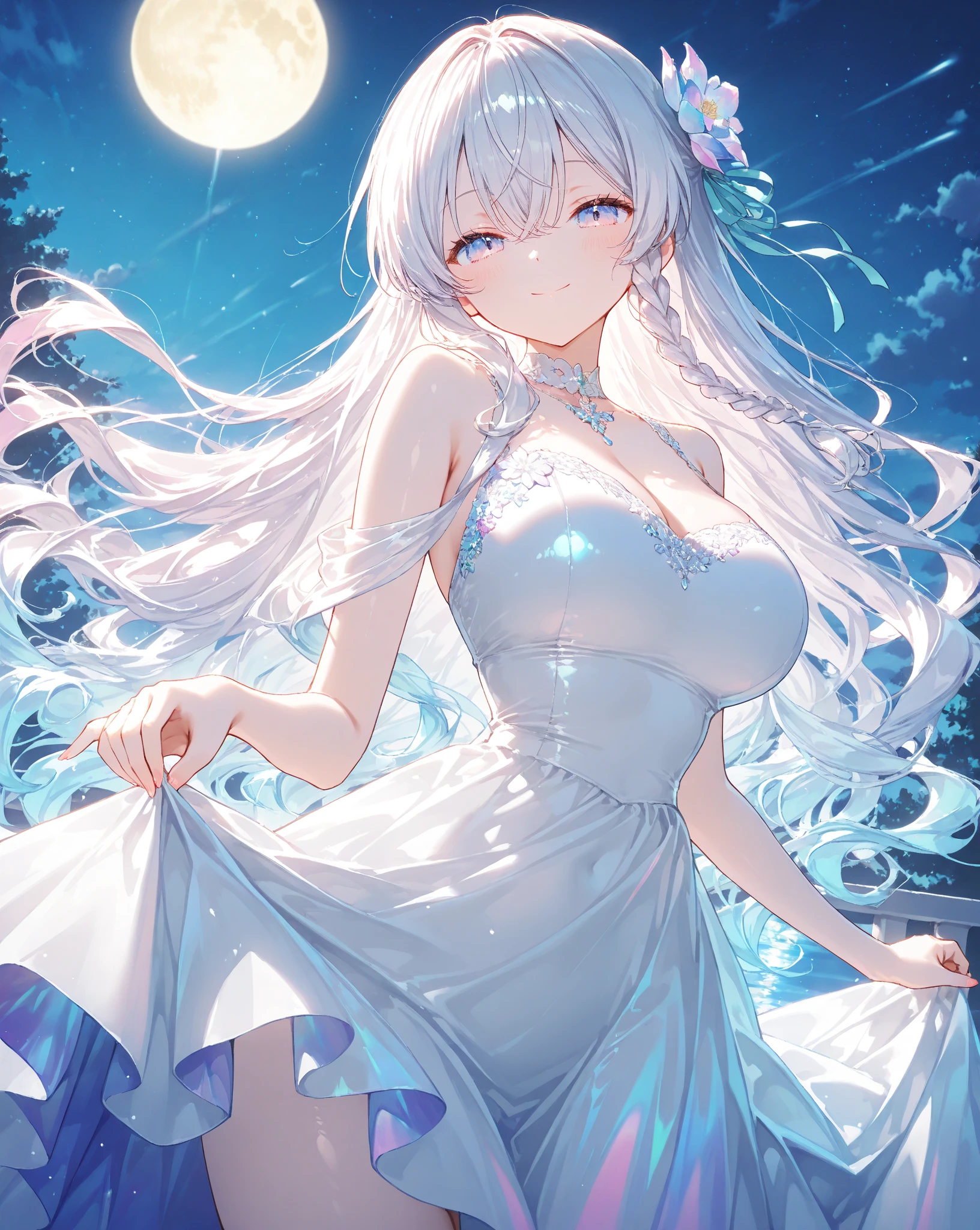 (logo, masterpiece, 8k, table, RAW photo, amazing, 最 high quality, photorealistic and highly detailed, CG integrated 8k wallpaper, high quality, highly detailed, narrative poetry, particle effects, dynamic effects, deep border writing, cinematic light , lens flare、ray tracing)、fantasy、(1 beautiful woman、white kimono、white long dress、long light pink hair、beautiful face、real face、beautiful eye details、beautiful skin)、Hair fluttering in the wind、dancing hair shaking windblown wind、hair jump、night、Wind、darkness、grassland、wide land、Spectacular view、Beautiful natural wind scenery、night sky、Wind、Cherry tree、Dancing cherry petals、SakuraFubuki、Flower petals