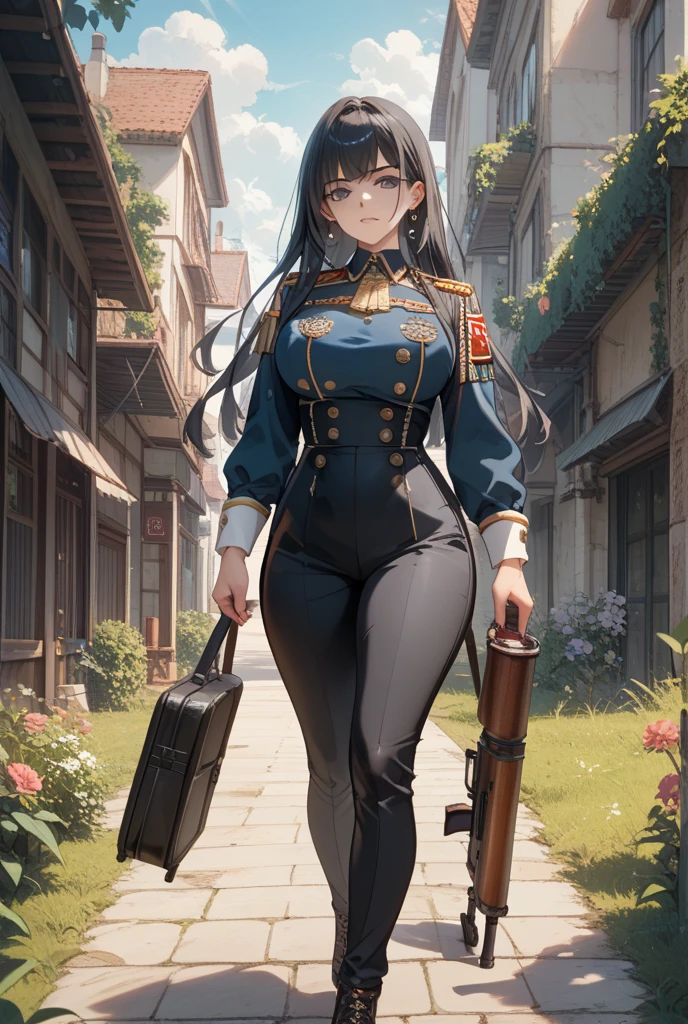 A masterpiece, referring to the uniform of a modern-day US Army Commander: 1.5, serious face, 24-year-old woman, short stature, flat chest, dark eyes, dark hair, wearing thick red glasses, dressed modestly. a standing military commander In the middle of the runway and watching the plane take off,(double braids and bangs : 1.8),(most realistic details of facial features and eyes), masterpiece, realistic, sci-fi science fiction, beautiful eyes. , Realistic sci-fi movies, (remote camera angles), CG face decoration, realistic