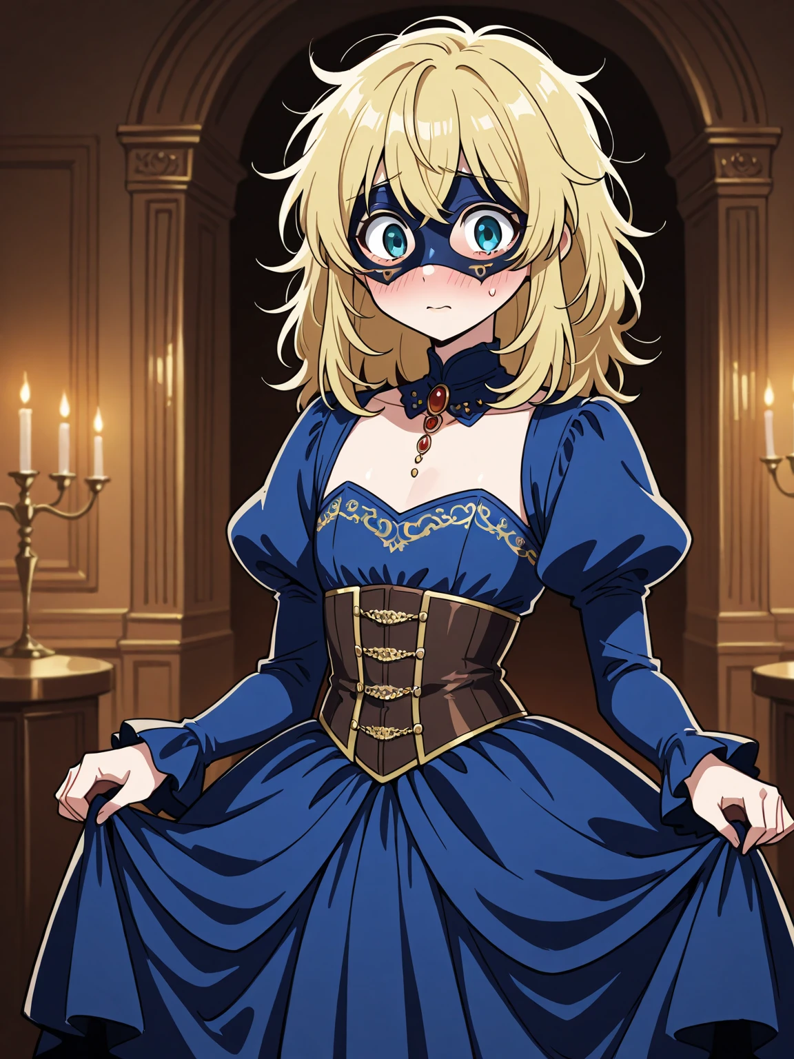 score_9, score_8_up, score_7_up, intricate details, source_anime, intricate details, highly detailed background, perfect lightingbest quality, sheilaMajonoTabitabi, solo, indoors, fantasy, blonde hair, ponytail, hair between eyes, long hair, sidelocks, domino mask, feathers, green eyes, medium breasts, choker, necklace, jewelry, blue dress, cleavage, puffy long sleeves, juliet sleeves, white gloves, smile, closed mouth, :), <lora:Sheila_Majo-no-Tabitabi-PonyXL-05:0.7>