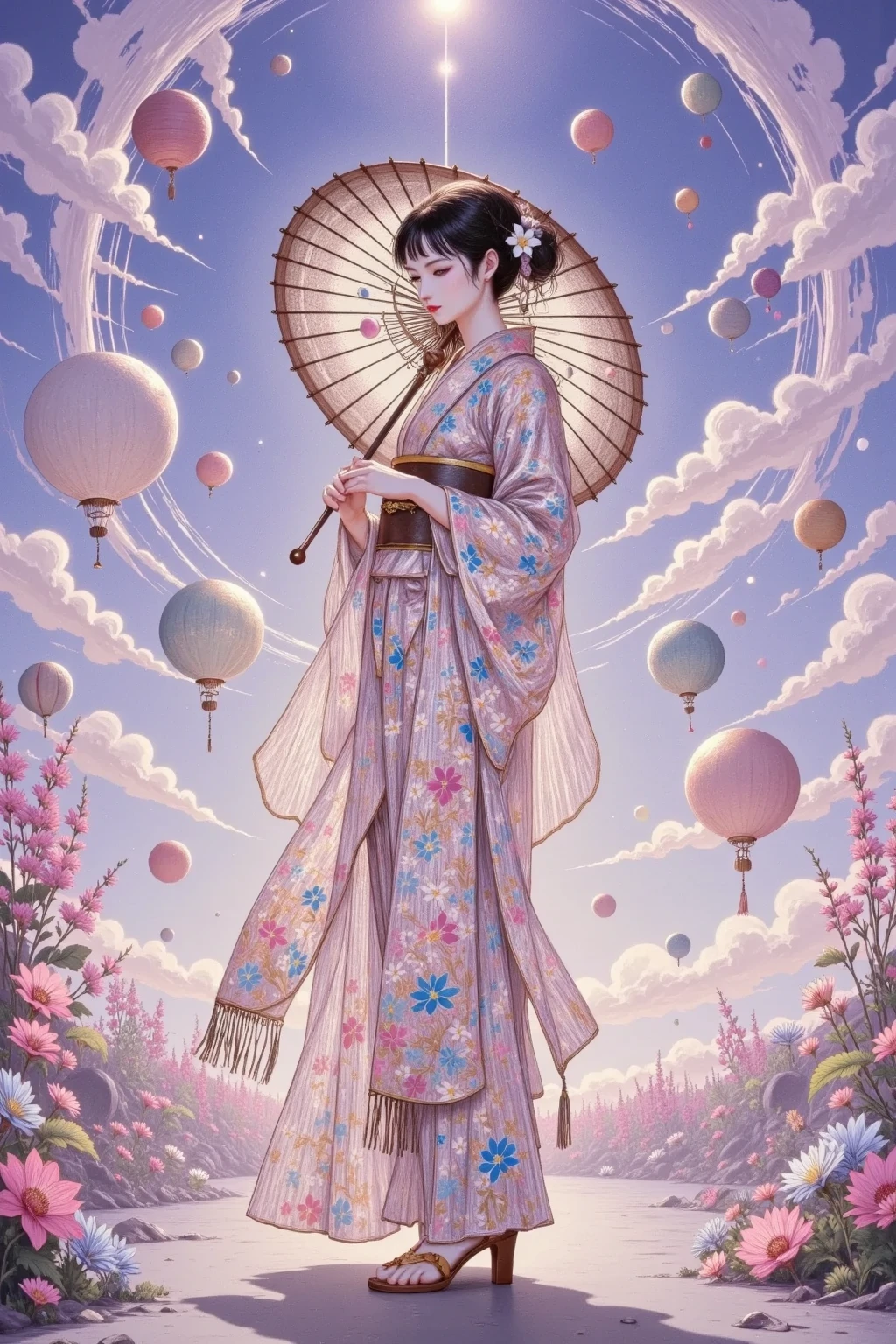 Girl in yukata Twinkling in the Stars Vibrant Background Imaginary landscape Shangri-La Sound of the beach Sea of night Tidal breeze Dream of a butterfly Transform
