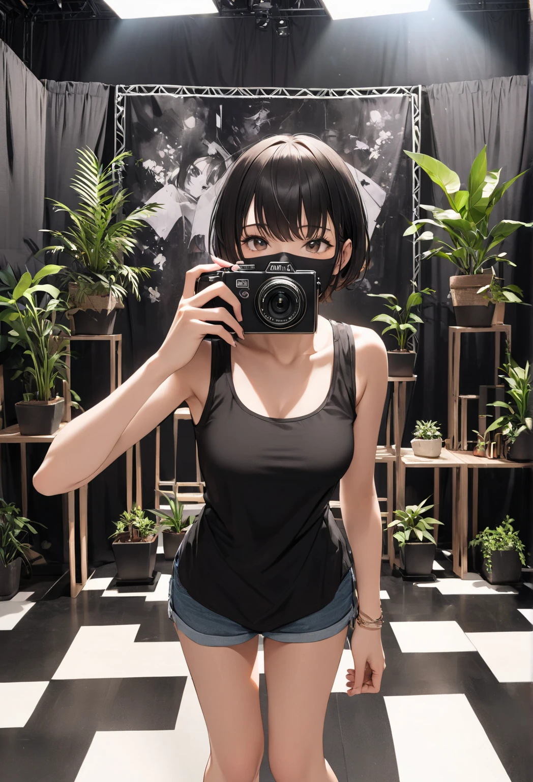 最high quality、high quality、Best image quality、8K、最High resolution、High resolution、最high quality、masterpiece、RAW Photos、whole body写真、Detailed and realistic human body、Detailed and realistic skin、Realistic face in every detail、Detailed and realistic eyes、Detailed and realistic lips、Detailed and realistic teeth、Detailed and realistic ears、Detailed and realistic hair、Realistic reproduction of every detail、((Beautiful Hands(thumb1、reference4))、Realistic feet down to the last detail、((Beautiful Japanese Girl))、(Japanese Model)、 ((18 year old beautiful girl))、(Black Hair)、(Random Hairstyles)、((whole body))、((Slim and perfect figure))、(Beautiful and firm breasts)、(whole body光沢肌、Fair skin)、((Girl in striped bikini))、((Photographing a girl with a smartphone))、((Her bikini figure appears on the smartphone screen))、((Squat with your legs wide apart))、((I look at her bikini body on my smartphone))