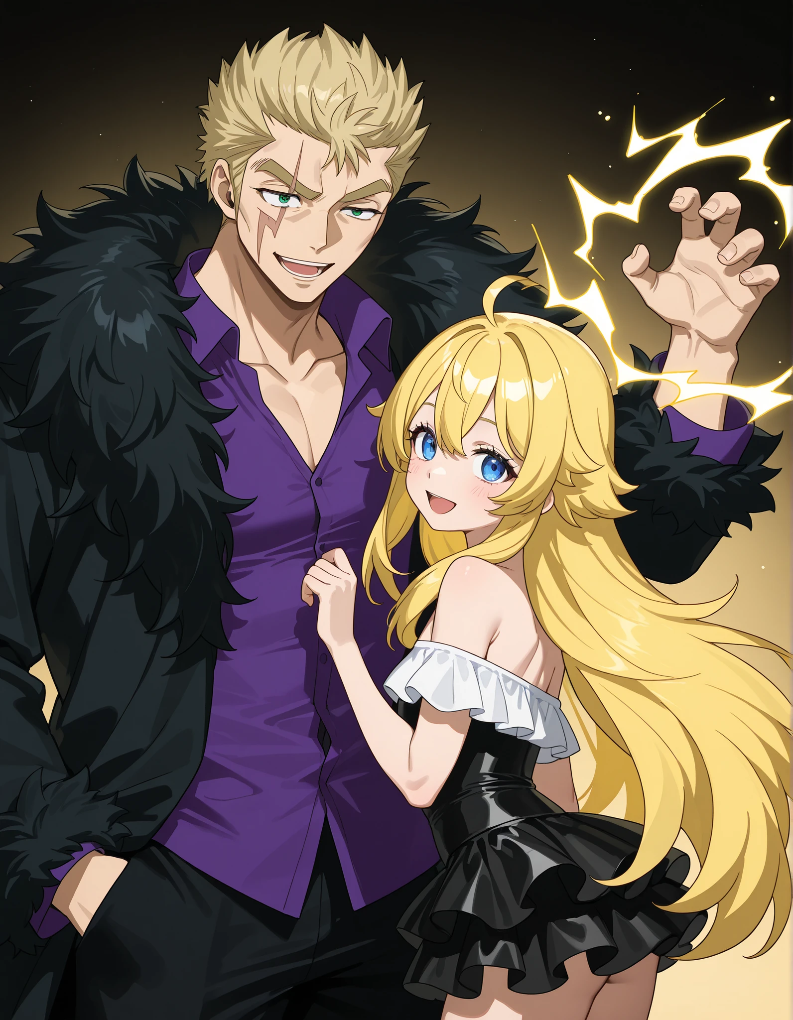 FAIRYTAIL style drawing、fairy tale style drawing、Anime、2 men and women、The girl(17 years old、milk tea colored hair color、Beige hair color、webbed hair、long hair、loose fluffy hair、Bangs3 flowers 、a good style、model body type、white off-the-shoulder top、black tutu skirt、 magic、Beautiful woman、The Mage of FAIRYTAIL、The Wizard of Light)、The young man (24 years old、The young man's name is Laxus、Blonde、all back、short hair、taller、is tight I have a scar on one eye、Beautiful、is cool、Black coat with fur、purple shirt、The Mage of FAIRYTAIL、Lightning Magic)Partner、Close distance、2 people with physical differences、height difference、laugh