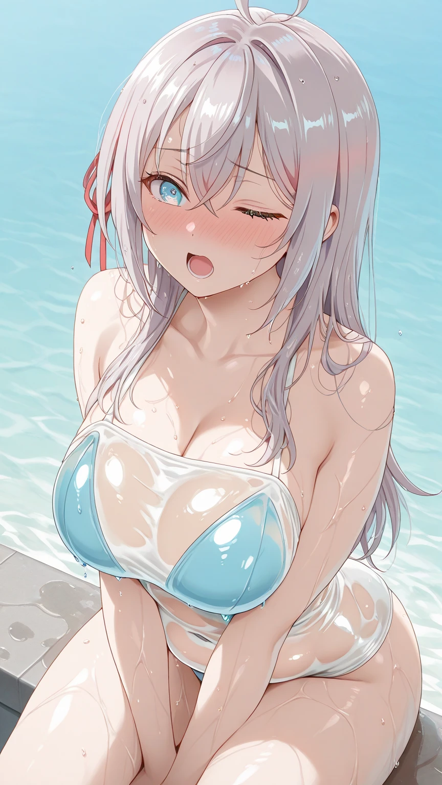 (1girl:1.3), Masterpiece, Best quality, amazing beauty, 4K, absurdres, finely detail, super detailed eye, perfect anatomy, official art, cinematic lighting, BREAK, ocean/beach/sea, silky medium hair, white hair, big eyes, cute eyes, Looks like fun, BREAK , big breasts, medium, full body, BREAK , (micro bikini:1.2), BREAK,()