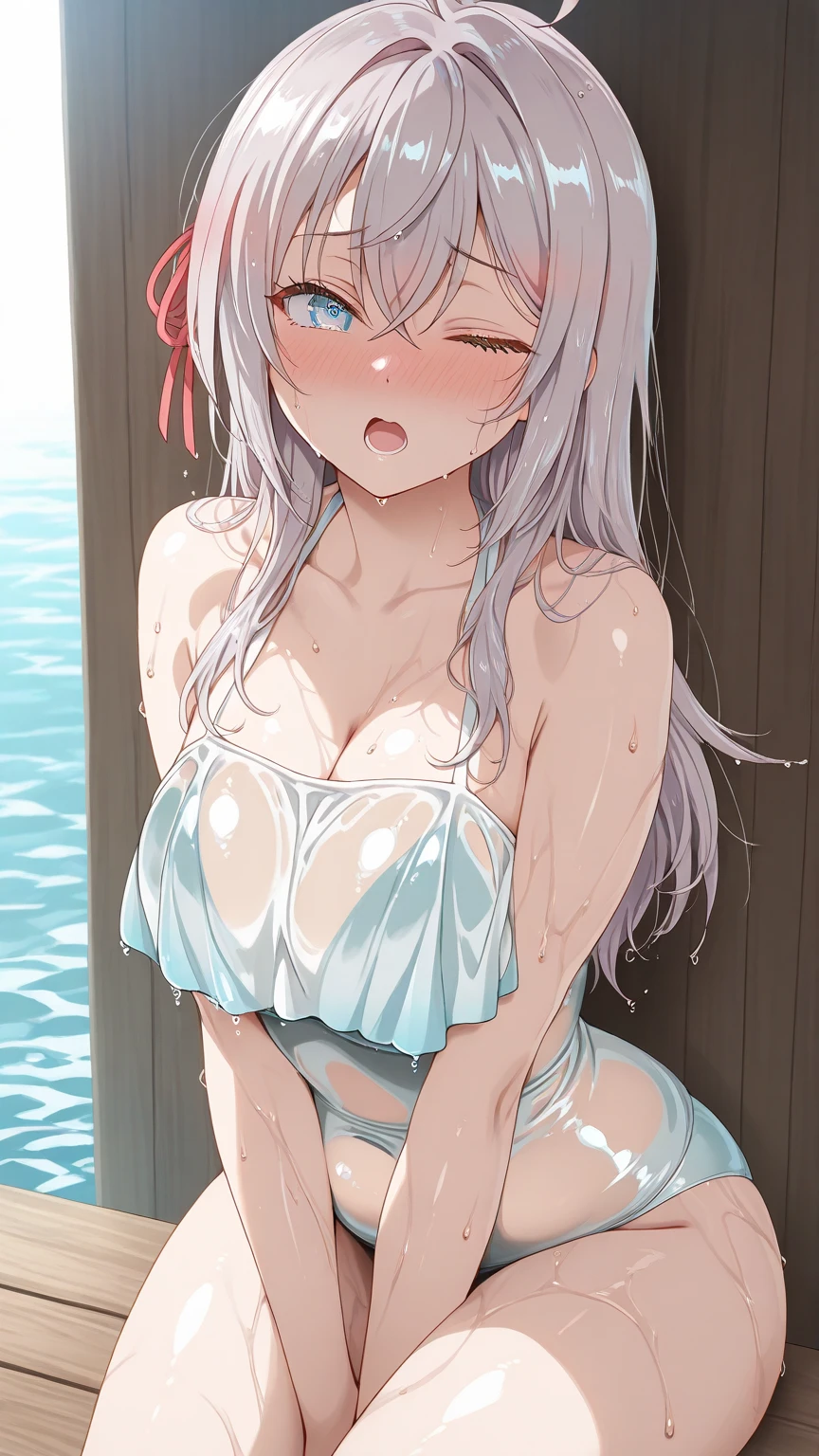 1girl, white hair, purple eyes, portrait, realistic, towel, (onsen), sidelighting, wallpaper, nsfw,