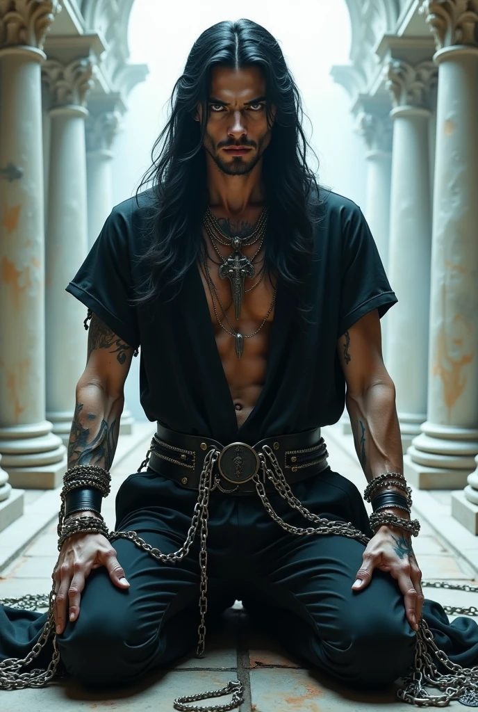 The former evil repentant sorcerer is lying half-naked. He is a young man with long black hair. He is taking anal punishment from his unrelenting young king with fair hair.