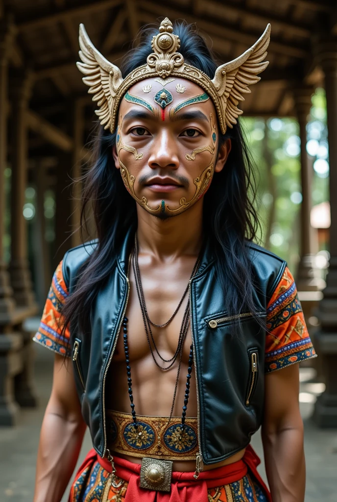 Young Asian man in Brazilian indigenous clothing. Tall and handsome with fiery hair. extremely pretty