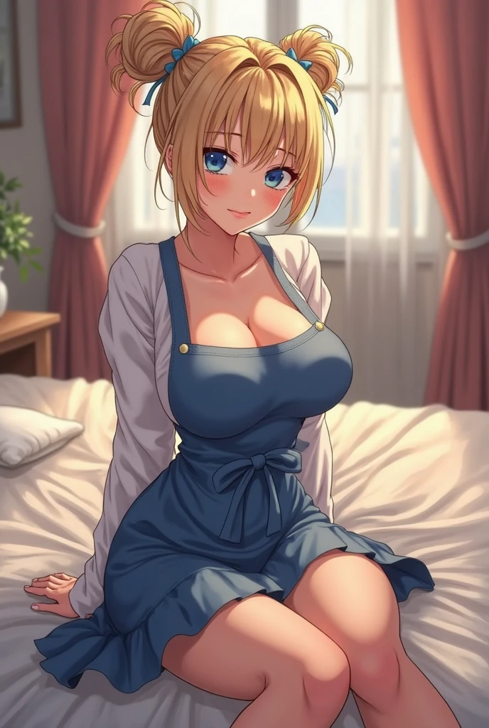 one woman,highest quality,high school girl,Super beautiful girl,beautiful breasts,big breasts,just a dress shirt,from below,She looks down,Belly exposure,erect nipples,Exposed shoulders,blonde,on the bed,spread your legs,short hair,sweat all over,open your mouth,