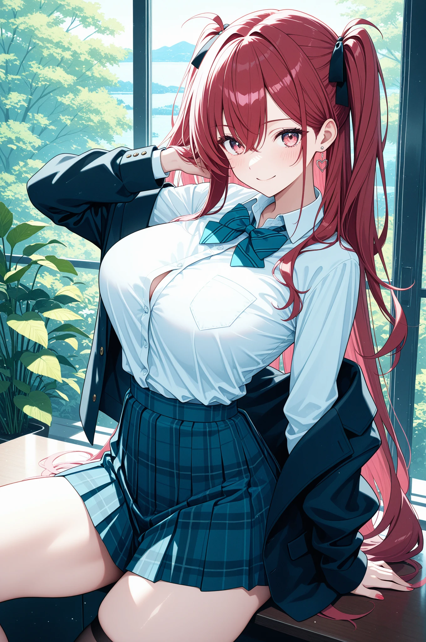 (high quality, 8k, 4K, high contrast, artwork:1.2, high quality, best aesthetics), (dynamic angle), ((1 woman)), erotic, sensual, mature body, super detailed, beautiful face detailed, beautiful eyes detailed, detailed beautiful mouth, perfect breasts, wide thighs, sexy body, caucasian, red hair, long hair, long wavy hair, green eyes, long eyelashes, blushing, arrogant and dominant expression, seductive, white dress shirt with black tie, short black skirt, sitting on top of a desk, classroom, green chalkboard in the background.