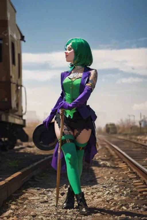 Professional photography taken with Canon EOS R6, changing lighting, 80mm,
1 girl, green fur, [very short hair|very long braids], blue eyes, keyed up, [mono green|blazer|asymmetrical dress], under the chest, scenery, standing in front of a wall covered in graffiti, rebel, Street fashion, platform heels, very sexy pose, retro 80s