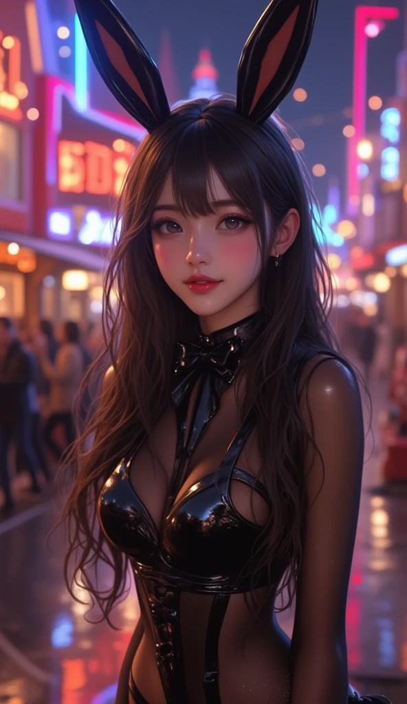((16K)),((masterpiece:1.3)), ((Highest quality)), ((Ultra-high resolution)), (Very detailed), (Realistic, photoRealistic:1.4), Perfect lighting,((Side light)), Written boundary depth, Surrealism,photo shoot, No makeup, Film Grain, chromatic aberration, Sharp focus, Face Light,((Beautiful detailsまでこだわった髪)),((Beautiful eyelashes)), Beautifully detailed face, Beautiful details, Beautiful clavicle, Beautiful body, Thin legs,Beautiful breasts, Pointed Chest,Beautiful legs, ((Detailed and carefully drawn hand)), Cleavage, Perfect ???????, Supermodel with a long neck,((Skinny1.3)),23 years old,Looking into the camera,(Perfect ???????,Anatomically correct, Very detailed肌), Glowing Skin,((beautiful girl:1.1)),(( large breasts :1.5)),shiny hair,((Beautiful two-side updo hairstyle)),((Mid-length hair:1.4, Wavy Hair:1.2, Black Hair),((See-through bangs:1.2)),Dainty facial structure,((Open your mouth wide and smile happily:1.4)),Create a detailed and vibrant image of a cyberpunk night market set in Tokyo. The scene should be illuminated by glowing neon lights in various colors, reflecting off the high-tech surfaces of buildings and market stalls. The market is bustling with people dressed in futuristic fashion, exploring stands filled with advanced gadgets and cyber fashion items. Street food vendors offer bio-snacks, with steam and holographic menus adding to the immersive atmosphere. Hover cars and drones can be seen in the background, enhancing the futuristic urban setting. The sky is dark but alive with holographic advertisements and floating lights