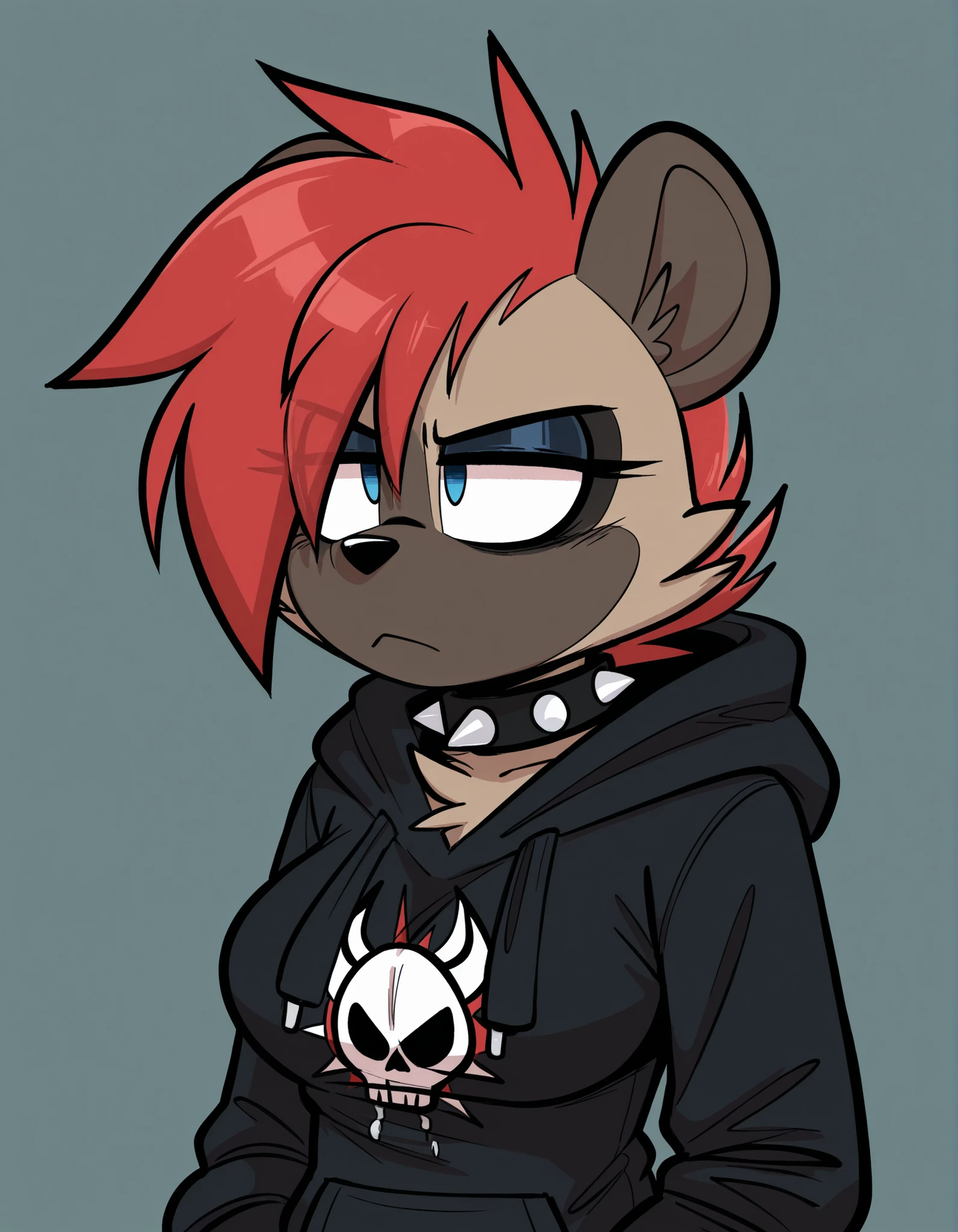 qqlttc,, 1girl, solo, anthro hyena, furry, furry female, blue eyes, punk, grey fur, black hoodie, breast, spike collar, red hair,