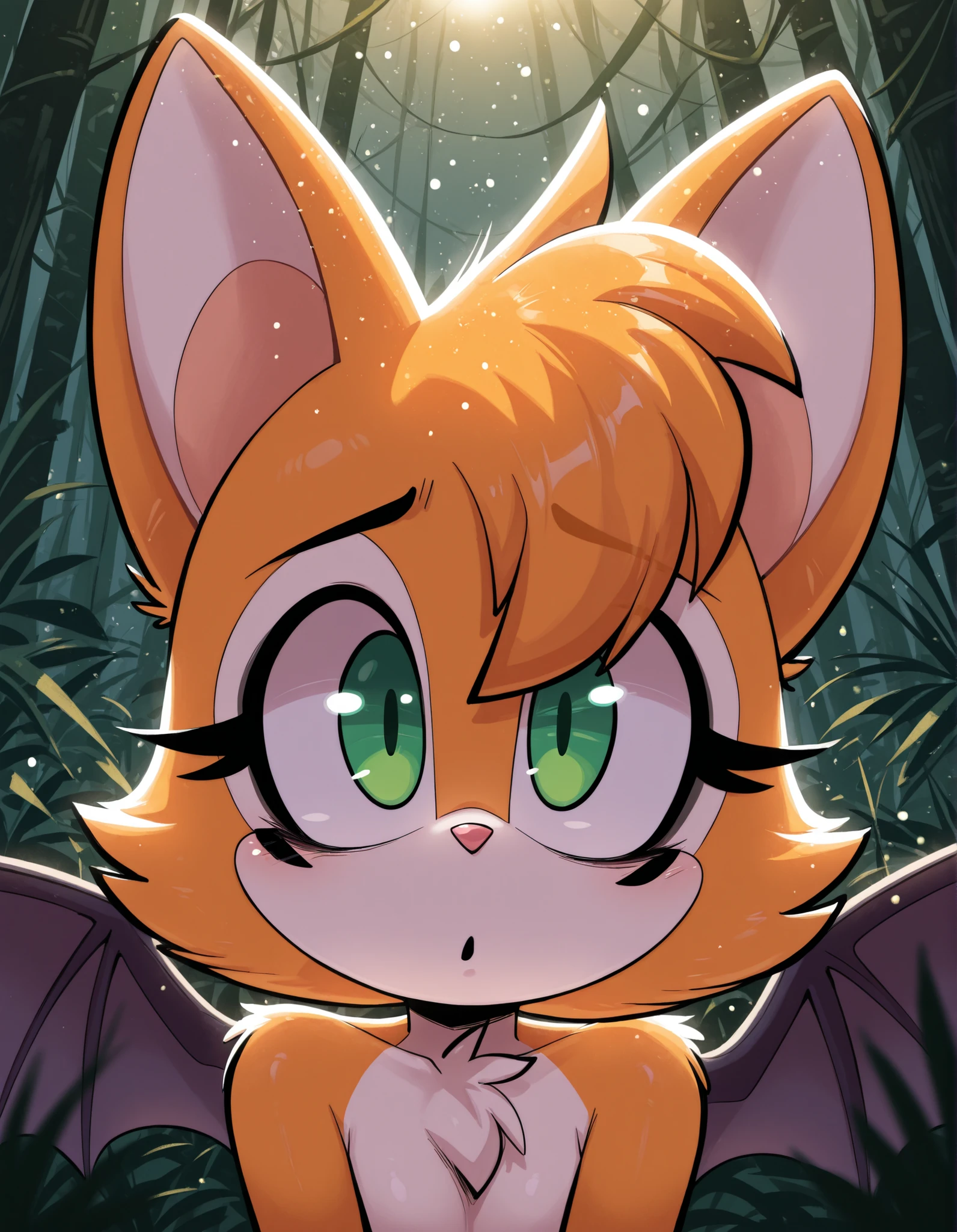 qqlttc,, masterpiece, best quality, very aesthetic, 1girl,, solo, furry, fidget \(elysian tail\), nimbat, fidget_daet, anthro, furry female, wings, tail, green eyes, colored sclera, bat wings, facial markings, orange fur, white fur, two-tone fur,membranous wings, fluffy, portrait, big eyes, young, BREAK, masterpiece, best quality, high quality, particles effect, [:by Desubox:0.15], [:by Anchee, by Snowskau:0.55], detailed background, detailed foreground, silhouette, depth of field, backlighting, plant, nude,