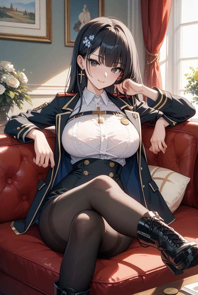 score_9, score_8_up, score_7_up, source_anime, michikotanaka, michiko tanaka, long hair, black hair, yellow eyes, facial mark, forehead mark, michiko_tanaka_mahoushoujoniakogarete, anime_style, (long hair, black hair:1.3), forehead, forehead mark, hair ornament, BREAK (masterpiece:1.2), best quality, high resolution, unity 8k wallpaper, (illustration:0.8), (detailed eyes:1.3), extremely detailed face, perfect lighting, extremely detailed CG, (perfect hands, perfect anatomy), large breasts, narrow waist, gloves, looking_at_viewer,  solo, pantyhose, shirt, blush, white_shirt, jacket, collared_shirt, anime coloring, anime screencap, hair ornament, drunk, open mouth, blush face