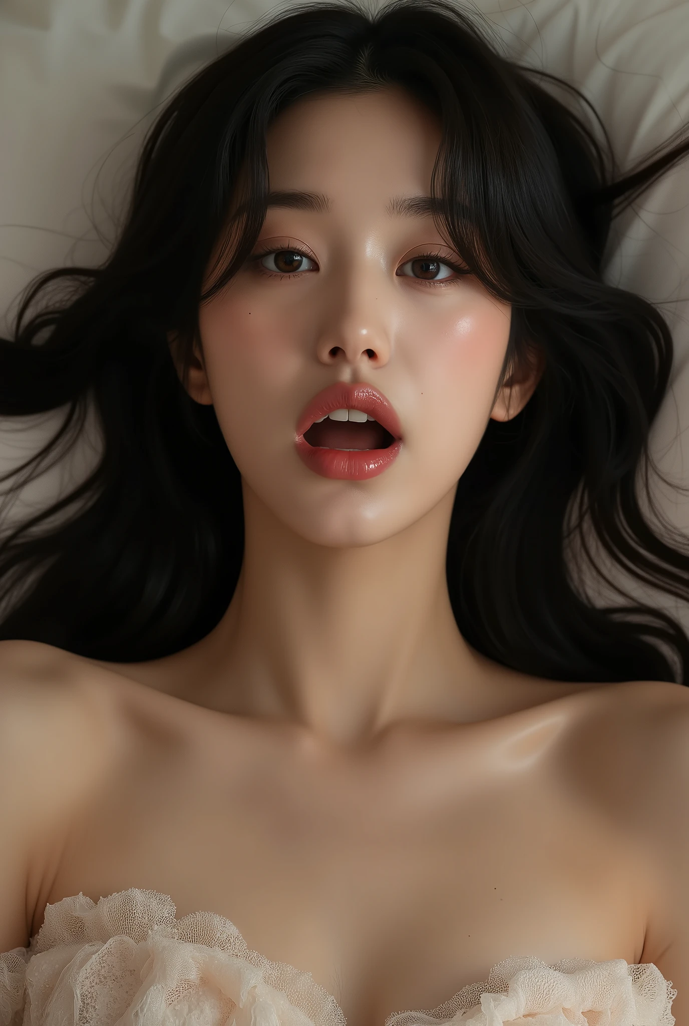 ((top quality, 8k, masterpiece: 1.3)), beauty, 1 girl, beautiful: 1.3, slender abs: 1.1, dark brown hair, big breast, (laying down, bed:1.2), ((naked)) ultra detailed face, highly detailed lips, detailed eyes, double eyelids, face focus, orgasm expression