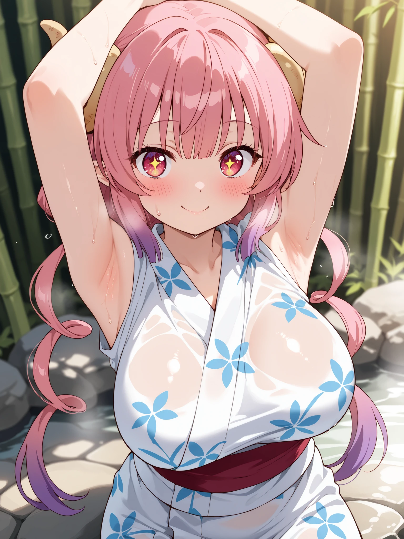 ((solo)), (alone), (super detailed), ((masterpiece)), (pink hair), (pink eyes), ((pink kimono)), ((huge breasts)), (cleavage), ((desert background)), smile, happy, ((way too much cleavage))