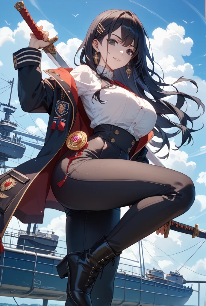 ( 1 girl) , (black skin) , black long hair, happy face expression, ((military uniform)) ,  ((show her ass)), (((high quality))) ,(8k)