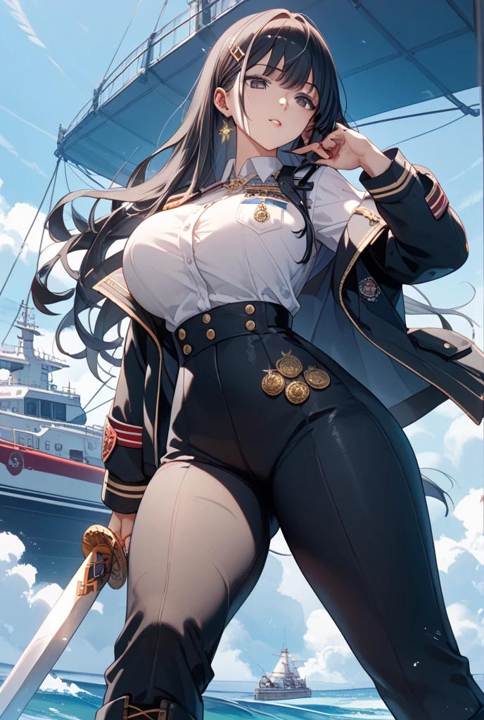 1female，35yo，plumw，extremely large bosom， 独奏，（Background with：Huge machinery，warships，the sea，battleships，nevando） She has long black hair，Long flowing hair，Standing at the bow of the ship，，seen from the front， hair straight， mostly cloudy sky，（（（tmasterpiece），（Very detailed CG unity 8K wallpaper），best qualtiy，cinmatic lighting，detailed back ground，beatiful detailed eyes，Bright pupils，Blue eyes，Snow-whiteskin，Redlip（Very fine and beautiful），（Beautiful and detailed eye description），ultra - detailed，tmasterpiece，））facing at camera，A high resolution，ultra - detailed），revealing breasts，Bare genitalia，  Bulge，legs are open，Raised sexy，Camel toes，Flushed complexion，Desire for dissatisfaction，frontage，samurais（Wearing：a black cloak，White loose shirt，black legging pants，）