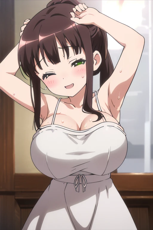 akaneyoshizawa, akane yoshizawa, Black Hair, ponytail, (Green Eyes:1.5), flowing bangs, Long Hair,
BREAK in a red dress,No sleeve,Japanese_Clothes,just_shoulder,(Closed_Clothes),
Take a break indoors, classroom,
BREAK Watch Viewers, (Cowboy Shot:1.5),Are standing, Leaning forward, Put your arms behind your back and BREAK (masterpiece:1.2), highest quality, High resolution,Browsing Caution ,unity 8k wallpaper, (figure:0.8), (Beautiful fine details:1.6), Highly detailed face, Perfect lighting, Highly detailed CG, (Perfect hands, Perfect Anatomy),