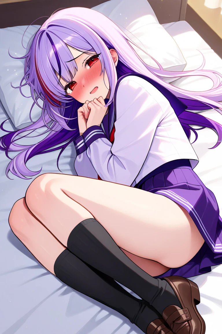 1 girl ,lying on stomach, on bed, cowboy shot,character focus ,close to view , smile, from back, school uniform, white panties , floating skirt, black long hair, light violet eyes , high resolution,(incredibly absurdres), anime visual,ultra detailed CG unity 8k wallpaper, ((masterpiece)), ((top-quality)), (beautiful illustration), ((an extremely delicate and beautiful))
