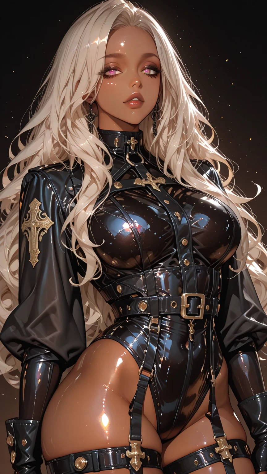 (Long silver hair:1.5), Beautiful 45 year old lady female futanari, curvy body, Brown Skin, (bulge in crotch:1.4), (Wearing a black jacket and tight black pants;1.3), View from the front, Waist up shot, Dynamic pose, Ambient Lighting, Intricate facial details, Exquisite handcrafted details, Very detailed, Vibrant colors, Cinematic, High resolution, Trending Style Raw on Artstation
