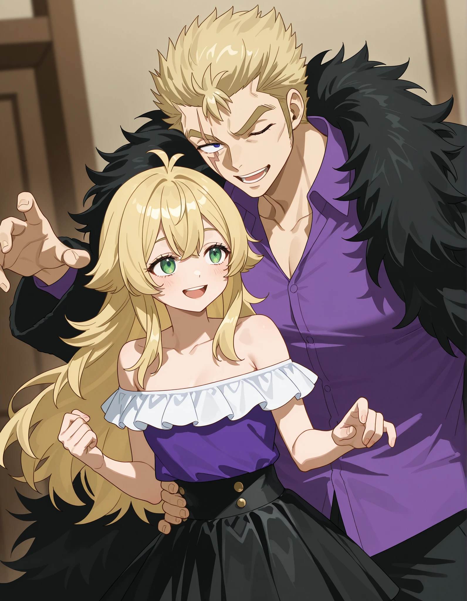 FAIRYTAIL style drawing、fairy tale style drawing、Anime、2 men and women、The girl(17 years old、milk tea colored hair color、Beige hair color、webbed hair、long hair、loose fluffy hair、Bangs3 flowers 、a good style、model body type、white off-the-shoulder top、black tutu skirt、 magic、Beautiful woman、sexy、The Mage of FAIRYTAIL、The Wizard of Light)、The young man (20 years old、The young man's name is Laxus、Blonde、all back、short hair、taller、is tight I have a scar on one eye、Beautiful、is cool、Black coat with fur、purple shirt、The Mage of FAIRYTAIL、Lightning Magic)Partner、Close distance、2 people with physical differences、height difference、laugh