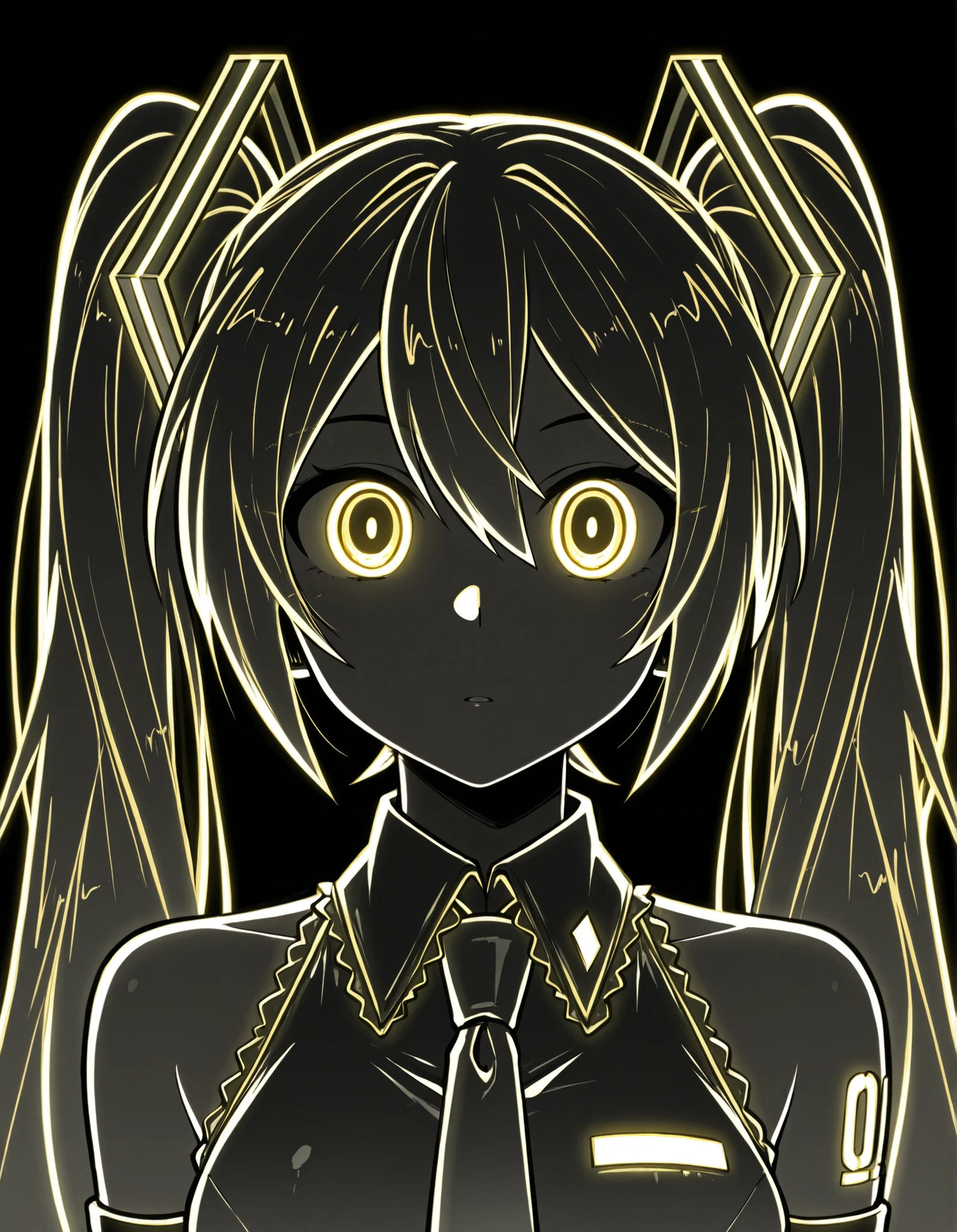 qqlttc,, Hatsune Miku,limited palette,black background,colorful,vibrant,glowing outline,neon,blacklight,looking at viewer, masterpiece, very aesthetic