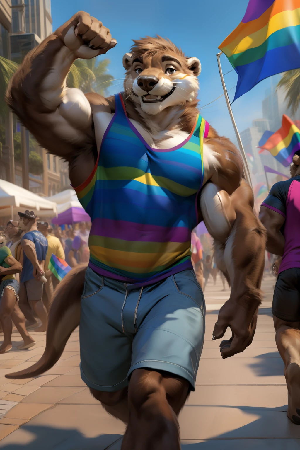 rouen, grey eyes, muscular male, (posing:1.3), (soft shading), 4k, anything, Five fingers, detailed hands, ((detailed face, (detailed eyes:1.0), detailed)), por zackary911, by zaush, (by personals:0.5), Sleeveless, baseball cap, Bermuda, street, sunny day,