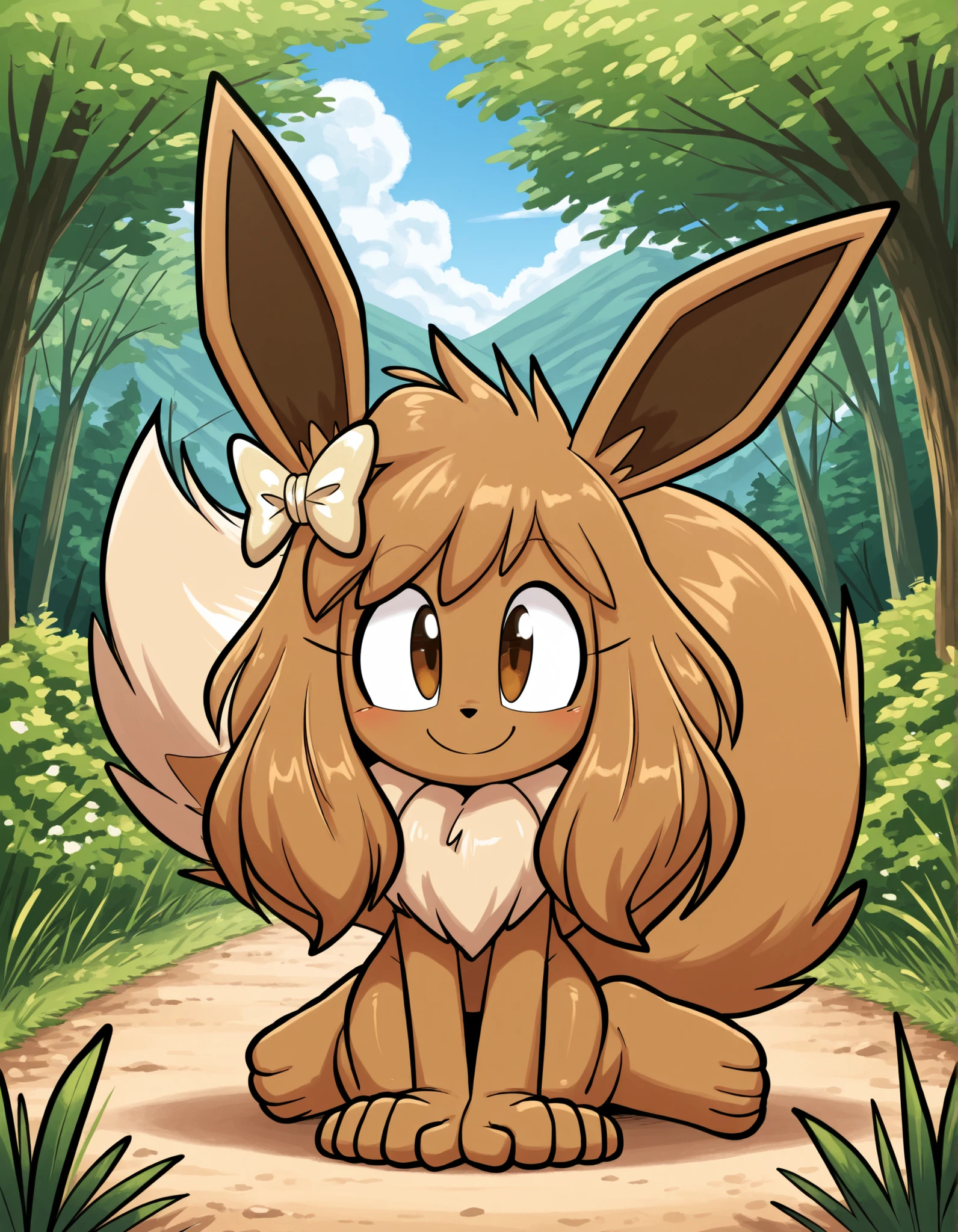 qqlttc,, pokekid, eevee, fluffy girl, furry girl, female, smile, smiling, has a big pretty bow in her hair, has animal paws for hands, 1girl, best quality, outdoors, high definition, cute,