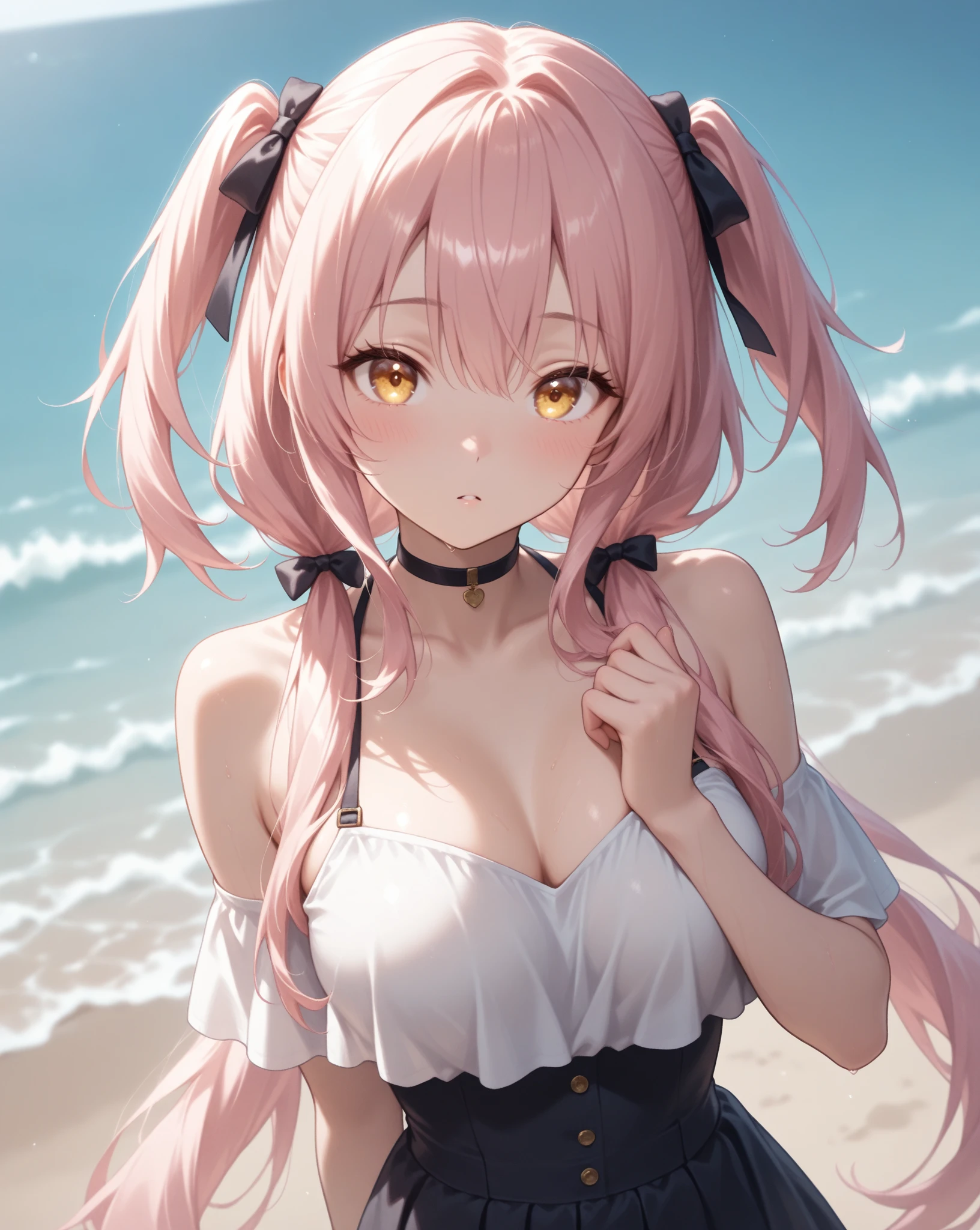 masterpiece、highest quality、Very detailed、Photograph the upper body、1 female、(Arms behind your back:1.4)、Are standing、Turn your body forward、View your viewers、(White prim、Maid:1.1、School Swimsuit:1.1、Waist Apron)、blush、shy、Pink Hair、Open your mouth、Ocean、Big Breasts、