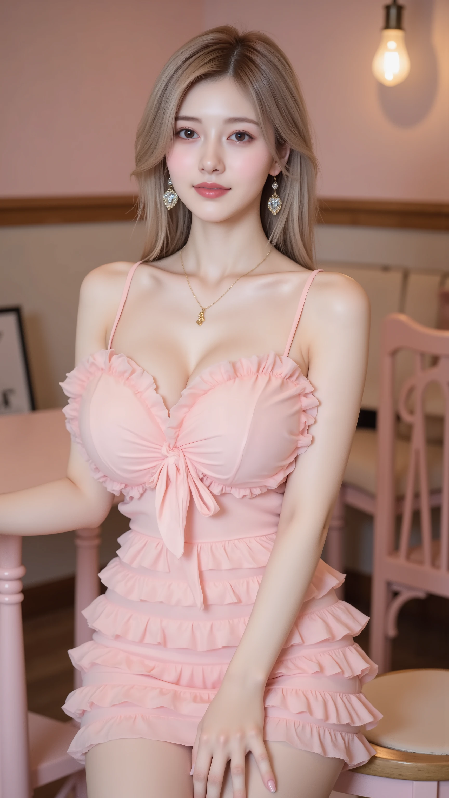 1 young girl, 19yearolds,((long dark-grey hair mixed with white and blonde hair on shoulder,Medium-length hair with a choppy layers style)), RAW photo, (best quality),high resolution, Ultra detailed, masterpiece,(photorealistic: 1.4), (realistic skin texture: 1.5), Show off beautiful large breasts, close-up large cleavage, gigantic cleavage breasts, bare breast, plump breasts. Exposed breasts, beautiful tit, beautiful nipple, ((sagging breasts))
• 1 girl, Whole body
• 8k, super realistic detail, ccurate, 8k,anatomically correct, textured skin, best quality,Realism, realistic rendering, depth of field, irresistible charm,good proportions,Facial features: beautiful facial, Soft and inviting, with a sweet expression and warm smile,light smile, shy, embarrassed, naughty face,aqua eyes, Detailed eyes,ruby lip, Gloss on lips, perfect lips, perfect teeth, skin is bright and snow white,The face looked straight at the director,
Portrait of a beautiful woman stand with noble and elegant pose, at a pastel café table, wearing a low-cut ruffled sundress in soft baby pink. The sweetheart neckline shows a hint of cleavage, complemented by heart-shaped earrings and a dainty gold necklace. The space is filled with soft ambient light and blush-toned decor.