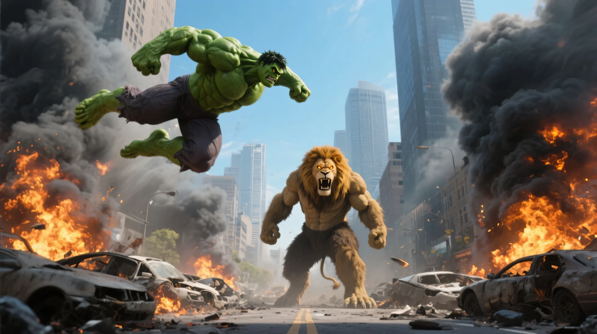 lion vs Hulk fighting in big city at night and public place and public running and blood nikal raha hai 
