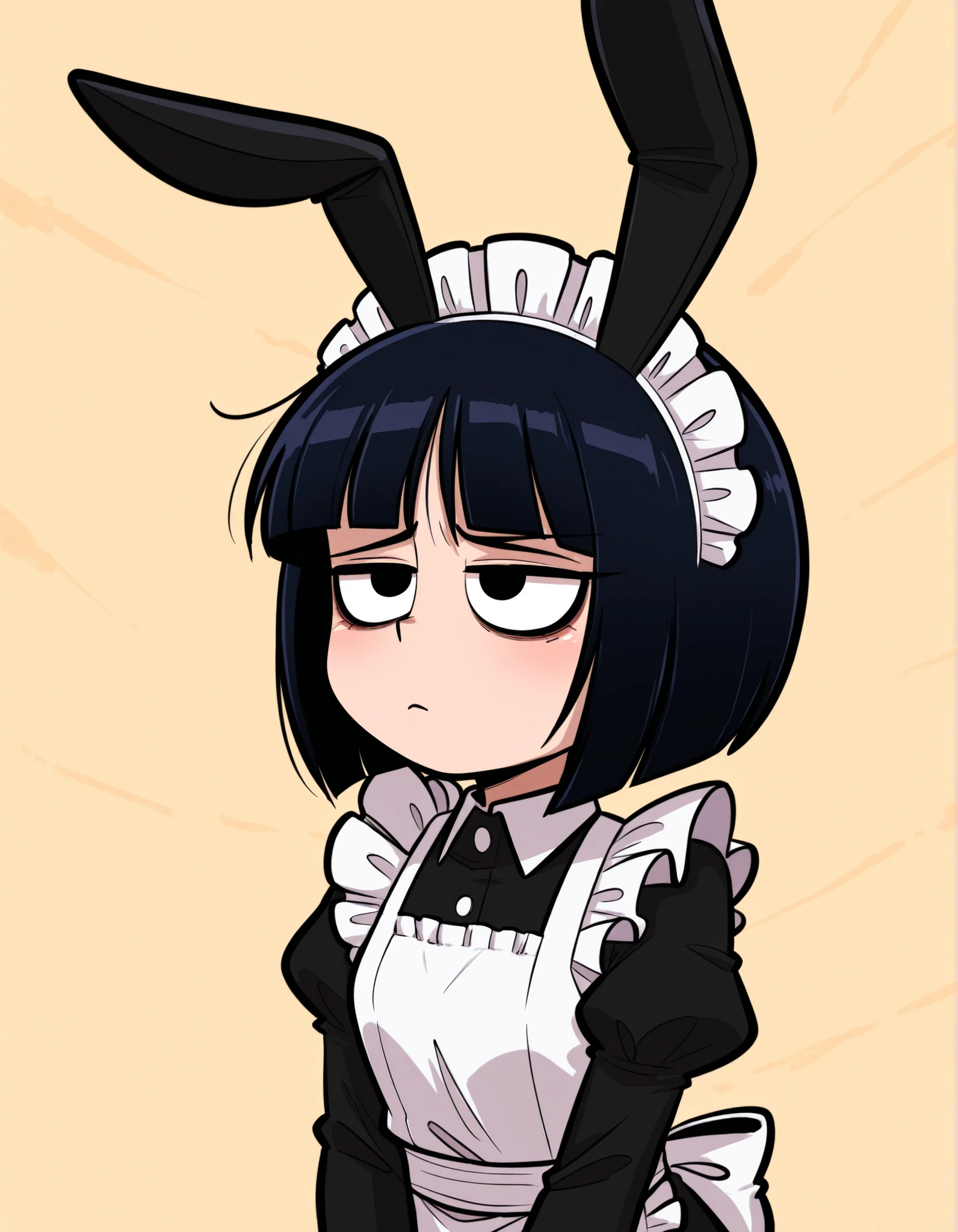 qqlttc,, one woman、solo, Maya Hell,black eyes,dark hair,bob cut,Maid Outfit、White Apron、White Headdress、 with rabbit ears、cafe