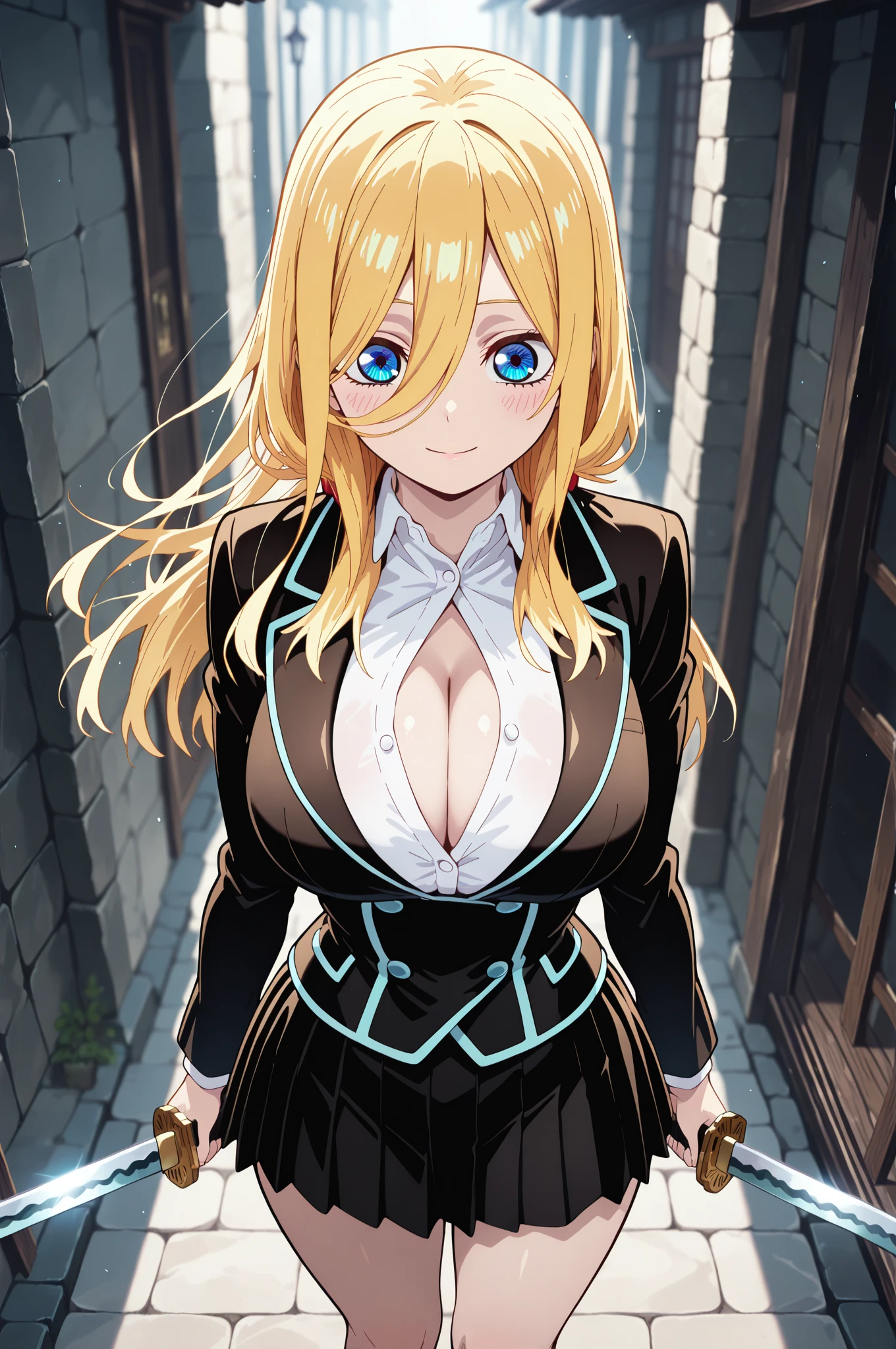 ((Highest quality)), ((masterpiece)), (detailed), （Perfect Face）、The woman is a beautiful, attractive adult female tiara with green eyes, blonde medium-long hair, black costume, evil transforming heroine Devil Exia Spica, posing against the backdrop of the night moon.、The woman is evil and wears black clothing.