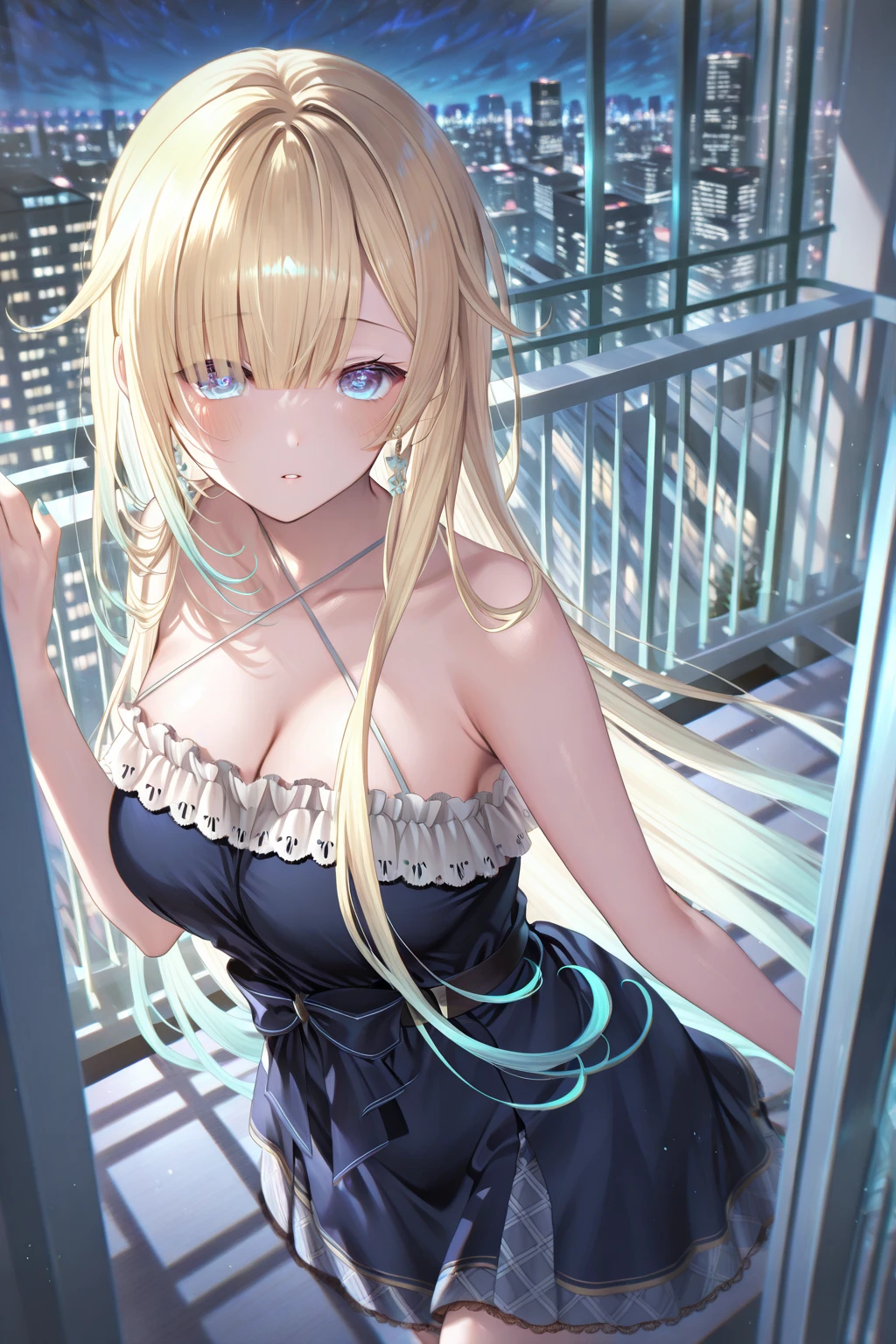 Best Quality, masutepiece,Saber, Faltria, 1girl in, gloves, elbow groves, Choker, White Dress, official alternate costume, breasts, 鎖骨, Ponytail, White Gloves, cleavage, straplessdress, Bow, Bare shoulders, Short hair, parody, Blue choker, Hair Bow, Blue Ribbon, Hanging both hands in chains、Hands are chained、