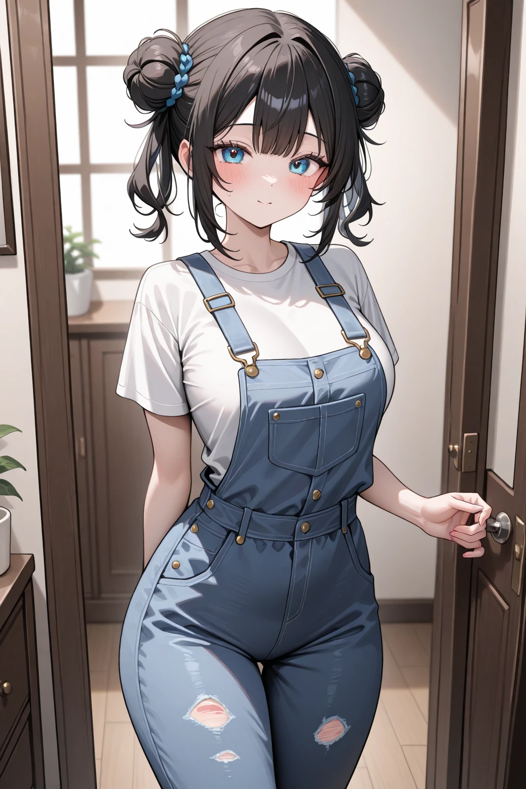 masterpiece, best quality, ultra detailed, detailed eyes, sparkling eyes, ((nsfw)), ((huge breasts, cleavage)), The image is an anime-style illustration depicting a young woman standing in a doorway. She has long, dark hair styled in a messy updo with a few loose strands framing her face. Her eyes are large and expressive, with a warm, inviting gaze that is directed slightly upward, as if looking at someone taller. She has a gentle smile on her face, conveying a friendly and approachable demeanor. She is wearing denim overalls over a white tank top. The overalls are slightly distressed, giving them a casual, worn-in look. The straps of the overalls are fastened with metal clasps, and the denim has visible stitching details, adding to the realism of the fabric texture. The tank top is fitted, emphasizing her figure, and the overall outfit suggests a relaxed, informal setting, perhaps in a rural or home environment. The setting appears to be a sunlit room, with light streaming in from a window or open door. This creates a soft, natural illumination on the woman, highlighting her features and casting gentle shadows. The flooring is wooden, further contributing to the warm, homely atmosphere. The woman's posture is slightly leaning forward, with her hands resting on her knees, suggesting a curious or engaged attitude, as if she is listening intently or about to step outside. Overall, the image combines elements of realism and anime-style art, creating a charming and inviting scene that captures a moment of everyday life with a touch of artistic exaggeration.