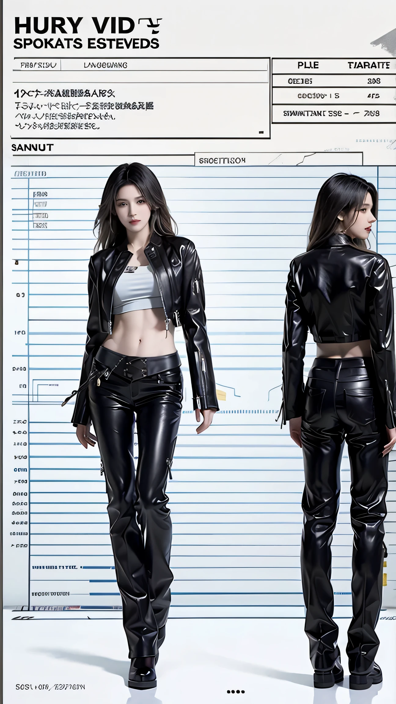 (masterpiece), best quality, HD, 4K, perfect face, black hair, smile at viewer, yellow eyes, hetero, torned dirt leather Jacket, hairband, black long hime hair, hime cut, arrogant stare, collarbone, prostitution, muscular slim, ABS collarbone, dirty booty, face, (botox lips), shopping, tall, slender brunette, fashionable tight leather pants, milf adult, a corresponding leather jacket unzips her leather jacket, revealing her cotton sports bra and bare stomach underneath, buying groceries, angell, she removes the jacket to reveal her bare stomach, ((causing chaos everywhere)), ((mall supermarket background)), (smug smile), very aesthetic, newest, highres,  multiple views sheet, concept art, reference sheet, character profile, character chart, multiple views, multiple expressions, turnaround, reference sheet, concept art, multiple views, zoom layer, measurements chart,